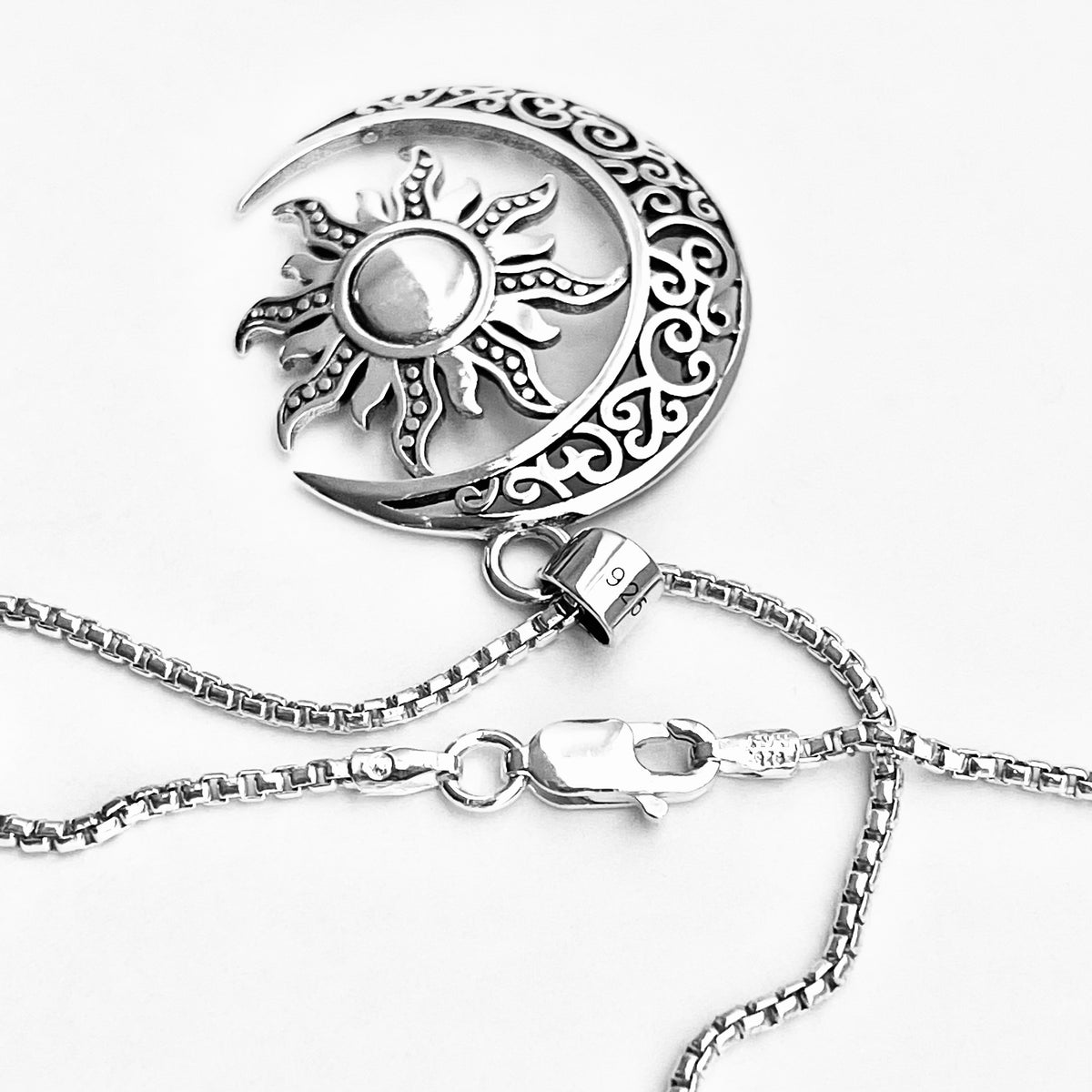 925 Sterling Silver Filigree Crescent Moon and Sun Necklace | Statement Celestial Pendant Chain