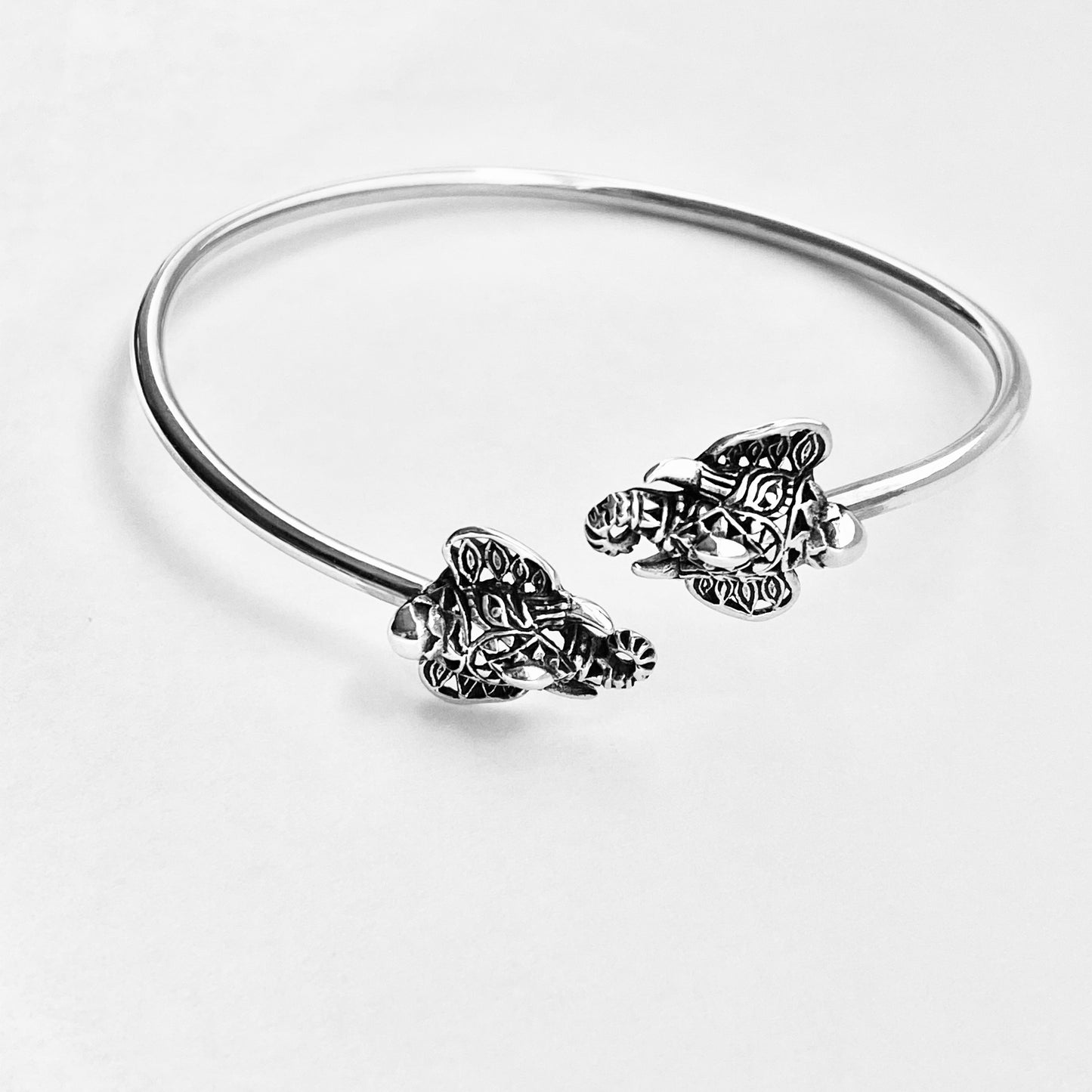 Sterling Silver Ganesha Elephant Bangle with Round Band, Animal Bracelet, OM Bangles, Silver Bracelets