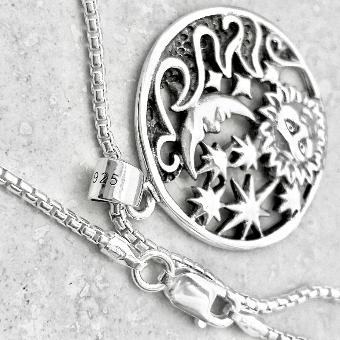 Sterling Silver Statement Celestial Necklace, Sun/Moon/Stars Jewelry