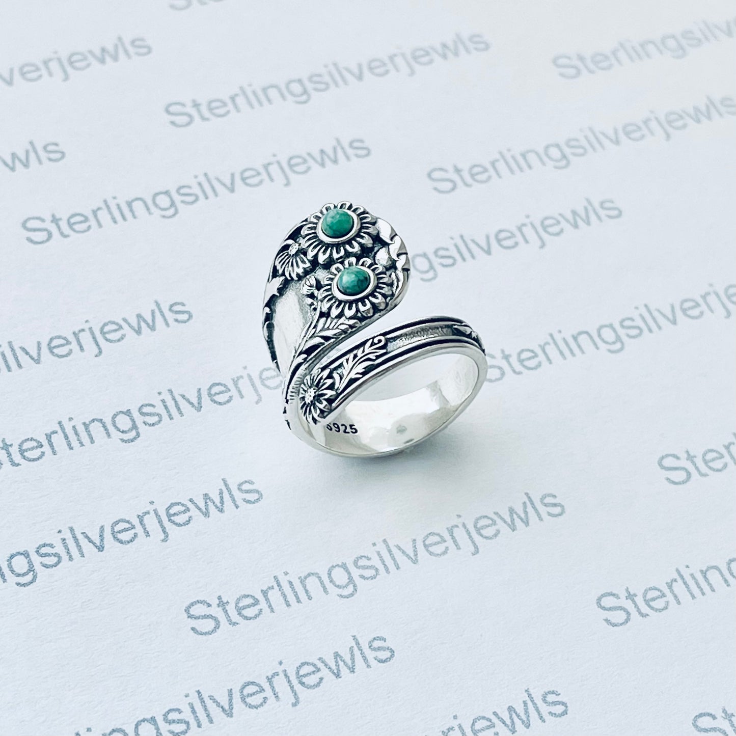 Sterling Silver Wraparound Sunflower Ring with Genuine Turquoise | Boho Statement Ring