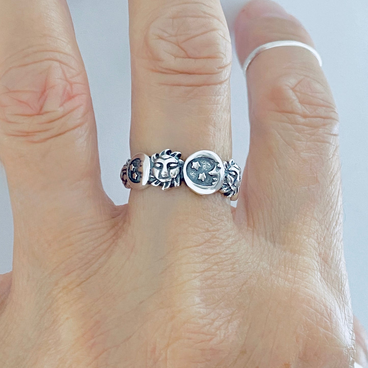 Sterling Silver Celestial Ring: Moon, Sun and Star Jewelry