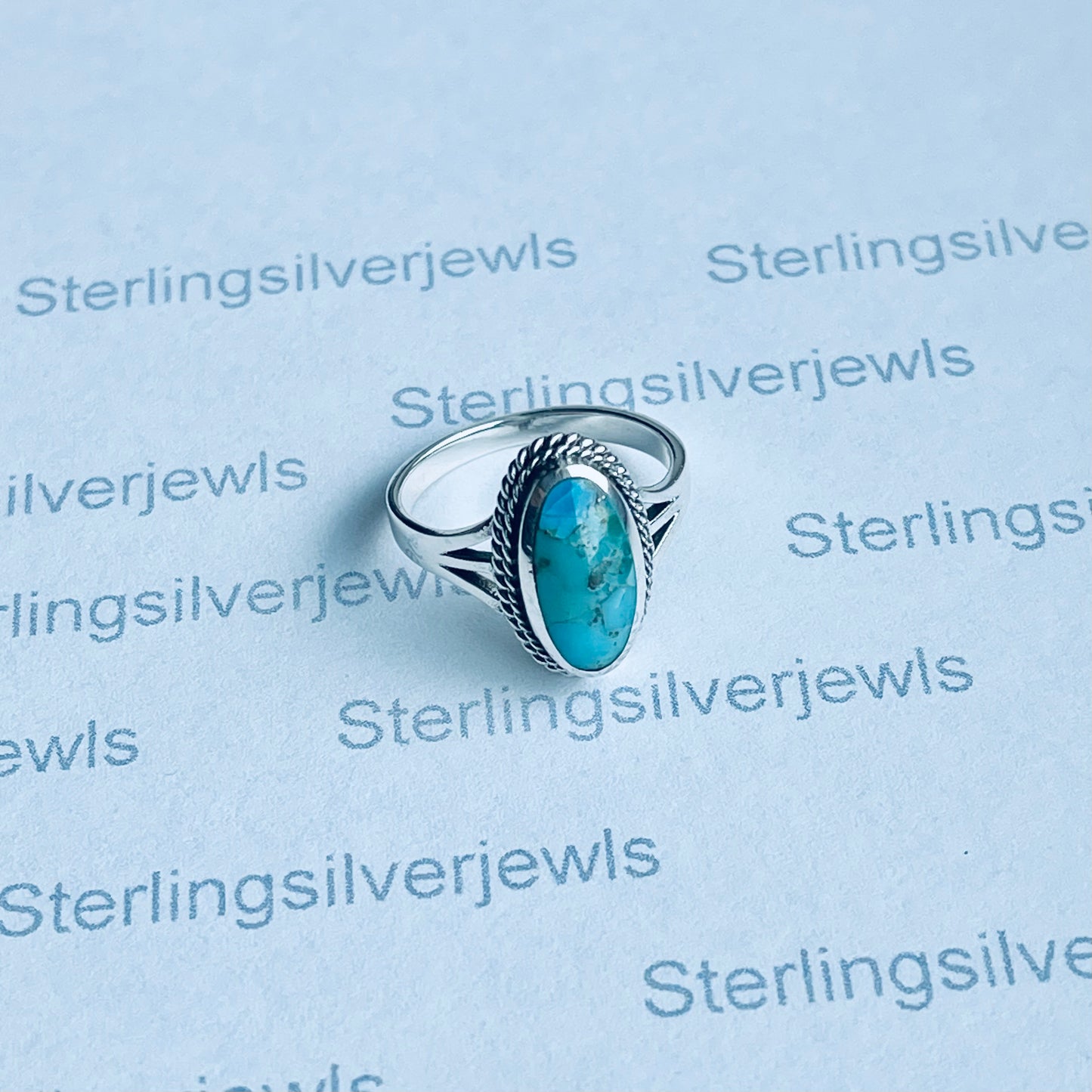 Sterling Silver Medium Oval Genuine Turquoise Ring with Braid, Statement Silver Rings