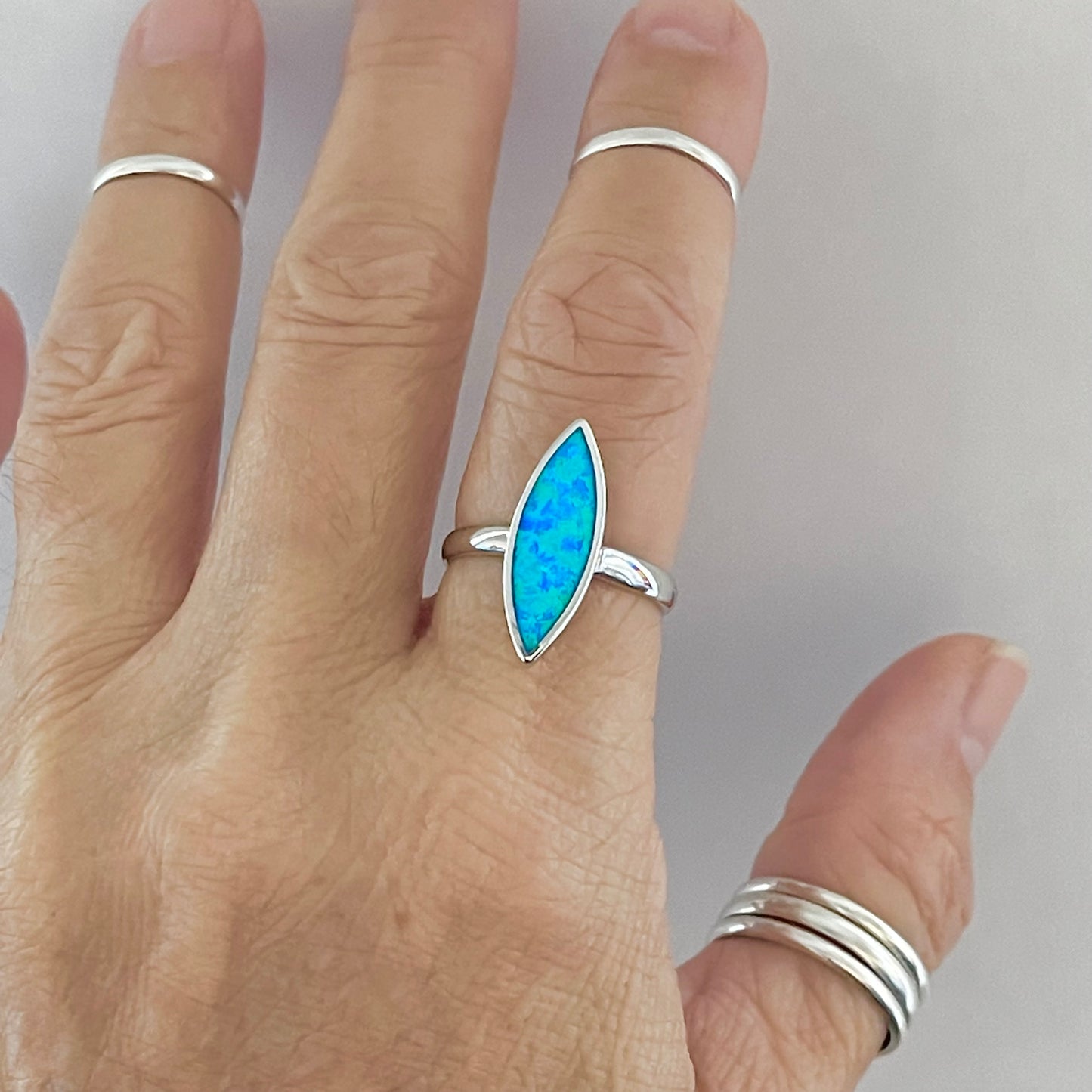 Sterling Silver Long Diamond Shape Blue Lab Opal Ring | October Birthstone Jewelry