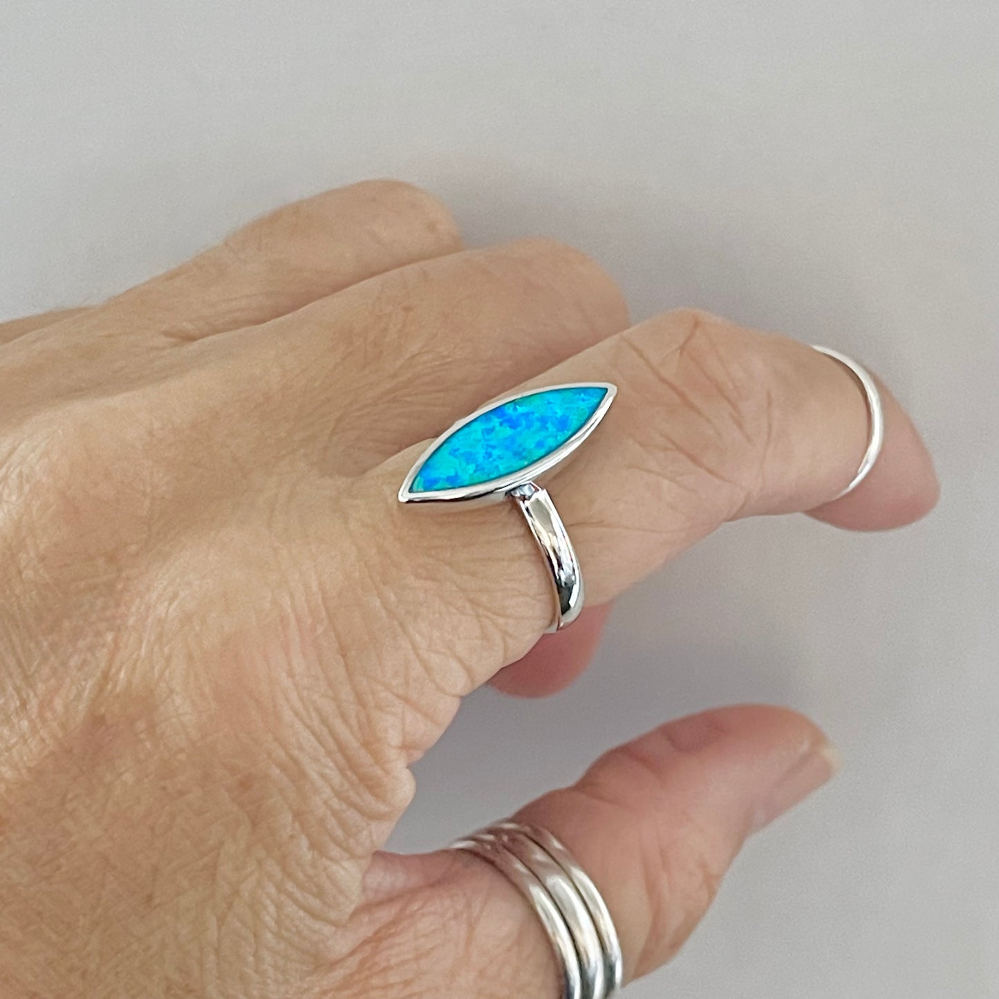Sterling Silver Long Diamond Shape Blue Lab Opal Ring | October Birthstone Jewelry