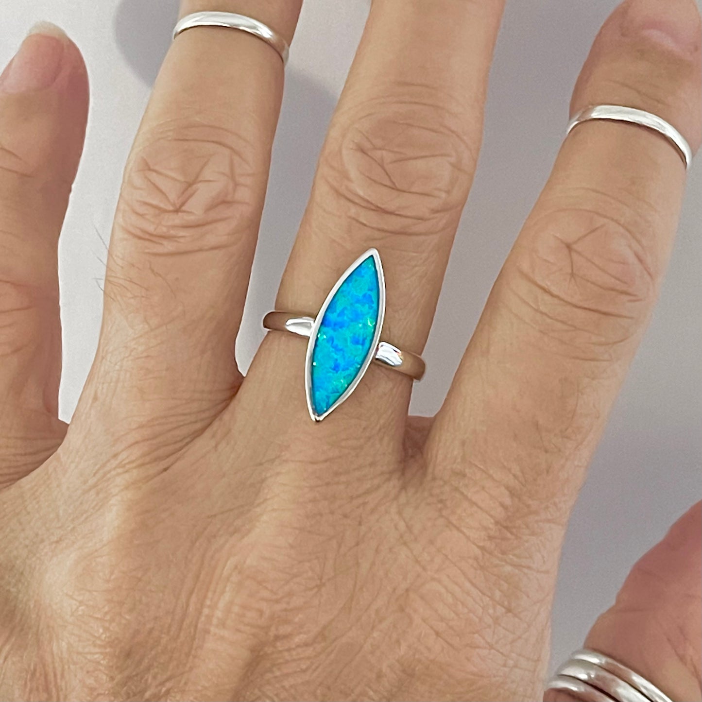 Sterling Silver Long Diamond Shape Blue Lab Opal Ring | October Birthstone Jewelry