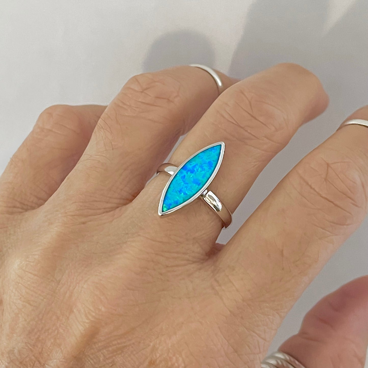 Sterling Silver Long Diamond Shape Blue Lab Opal Ring | October Birthstone Jewelry