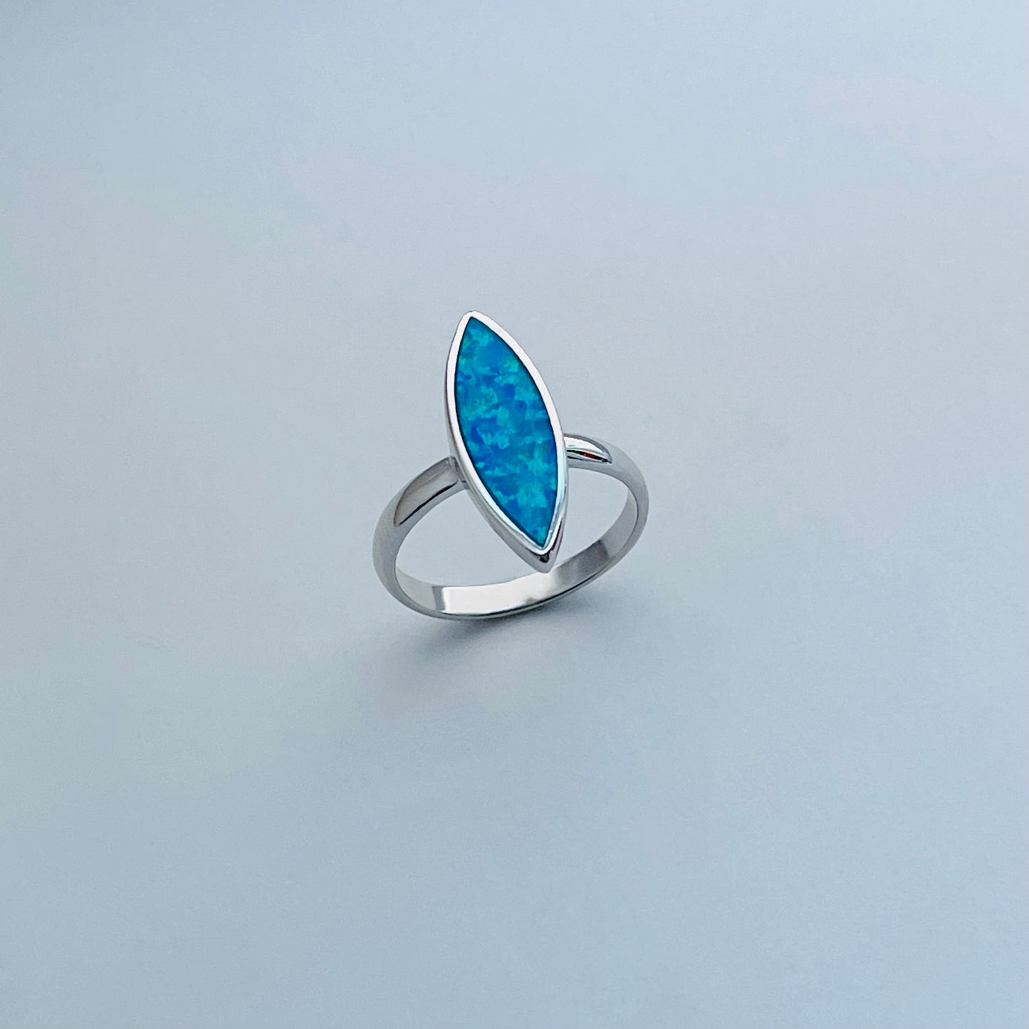 Sterling Silver Long Diamond Shape Blue Lab Opal Ring | October Birthstone Jewelry