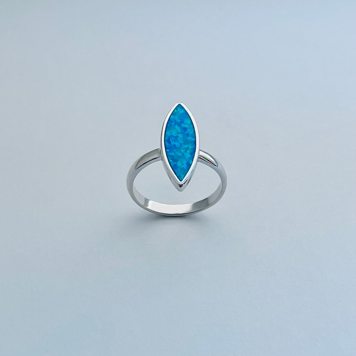Sterling Silver Long Diamond Shape Blue Lab Opal Ring | October Birthstone Jewelry