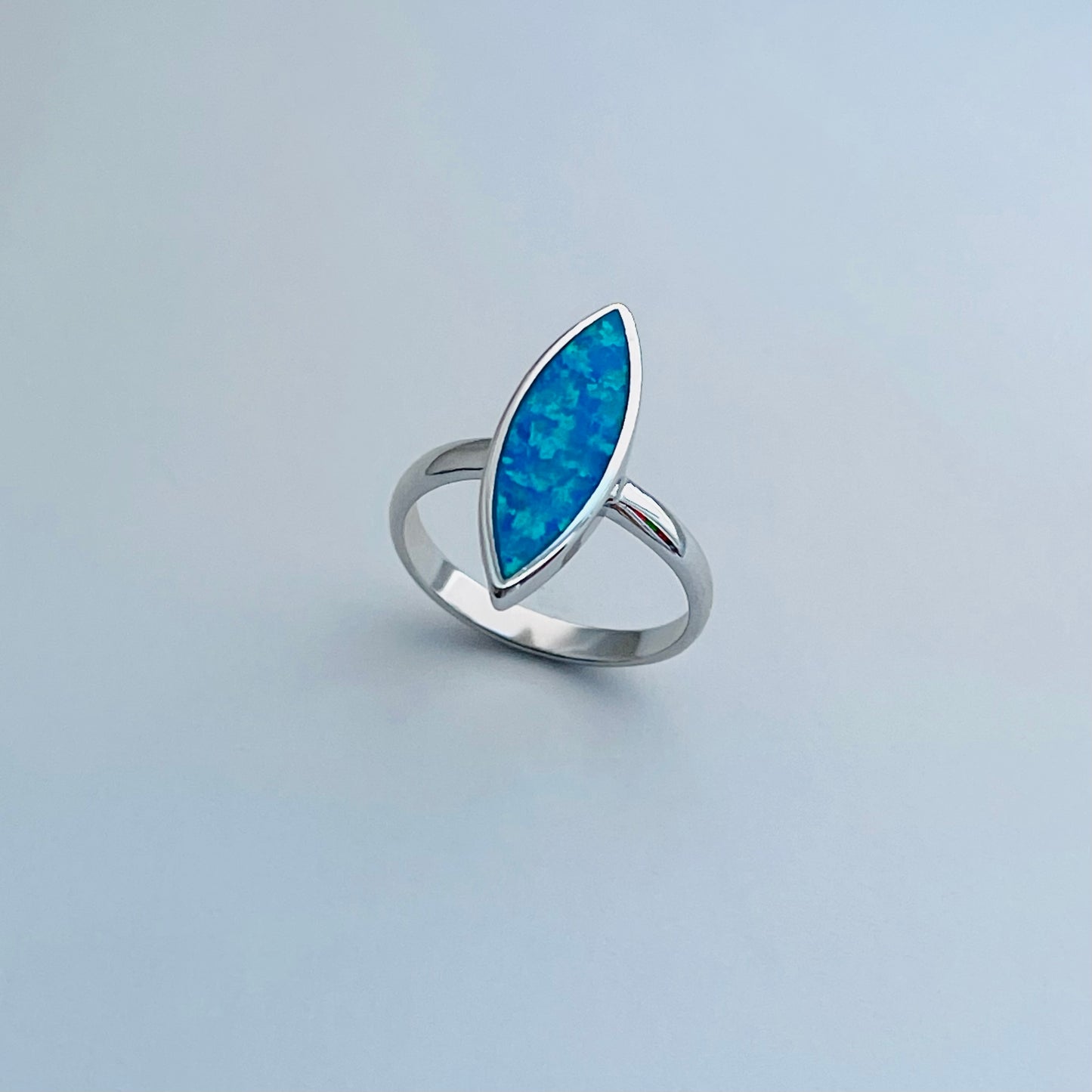 Sterling Silver Long Diamond Shape Blue Lab Opal Ring | October Birthstone Jewelry
