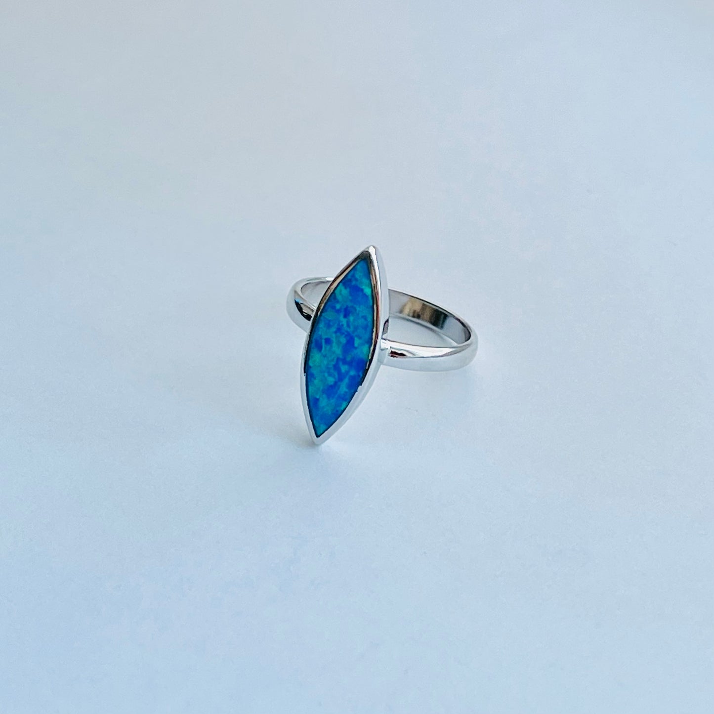 Sterling Silver Long Diamond Shape Blue Lab Opal Ring | October Birthstone Jewelry