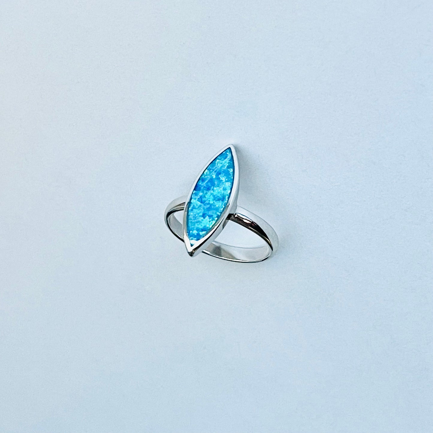 Sterling Silver Long Diamond Shape Blue Lab Opal Ring | October Birthstone Jewelry
