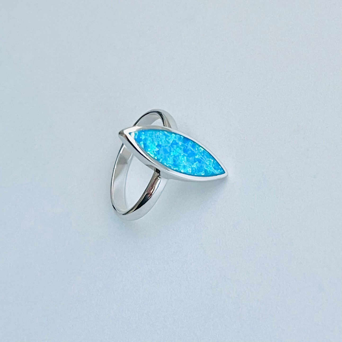 Sterling Silver Long Diamond Shape Blue Lab Opal Ring | October Birthstone Jewelry