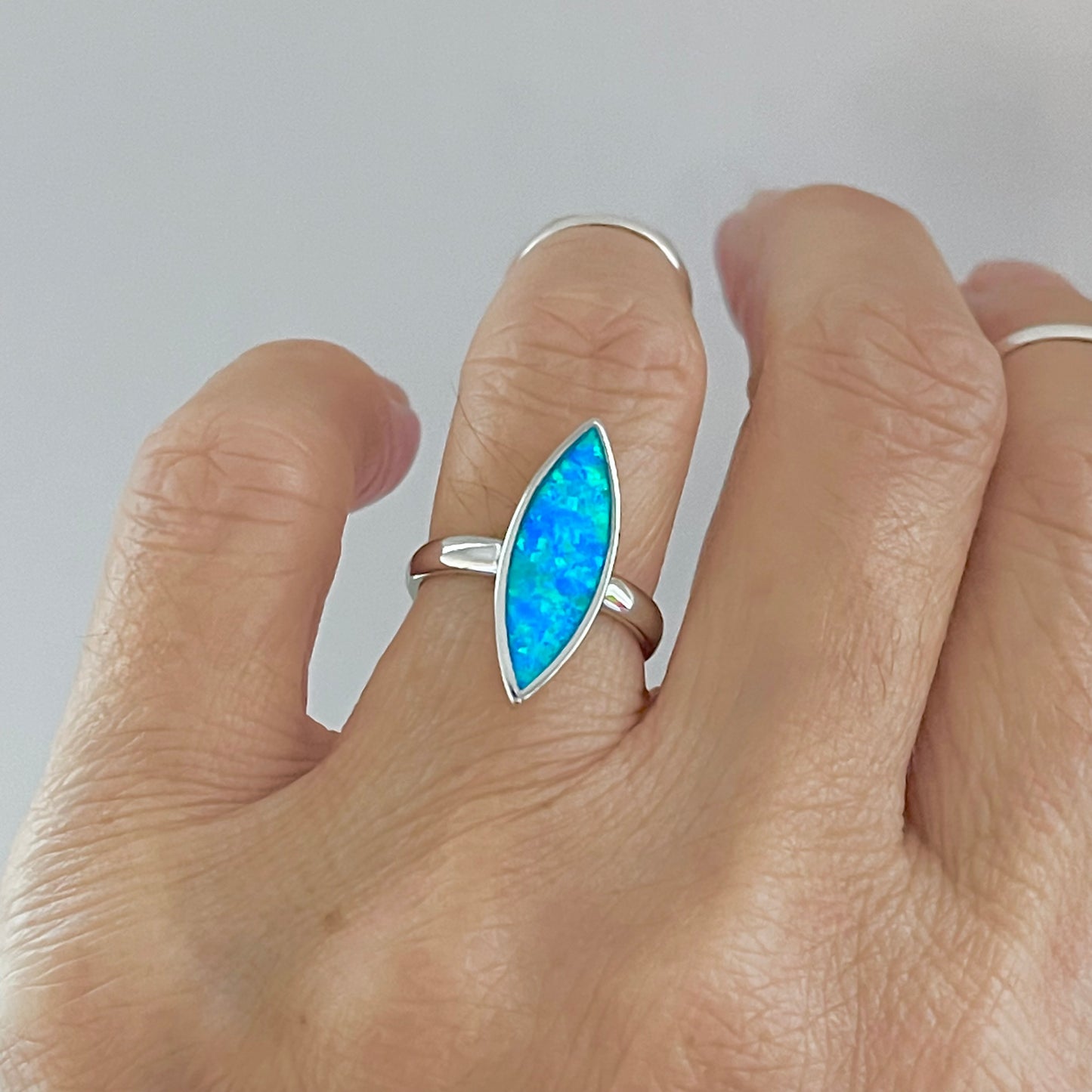 Sterling Silver Long Diamond Shape Blue Lab Opal Ring | October Birthstone Jewelry