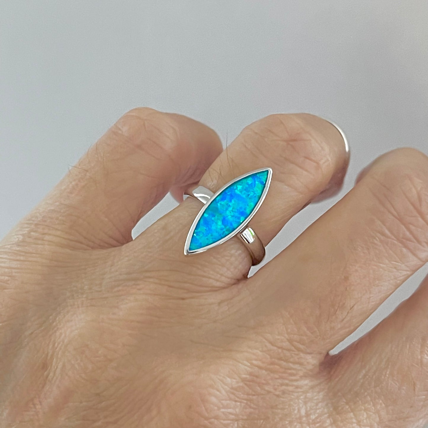 Sterling Silver Long Diamond Shape Blue Lab Opal Ring | October Birthstone Jewelry