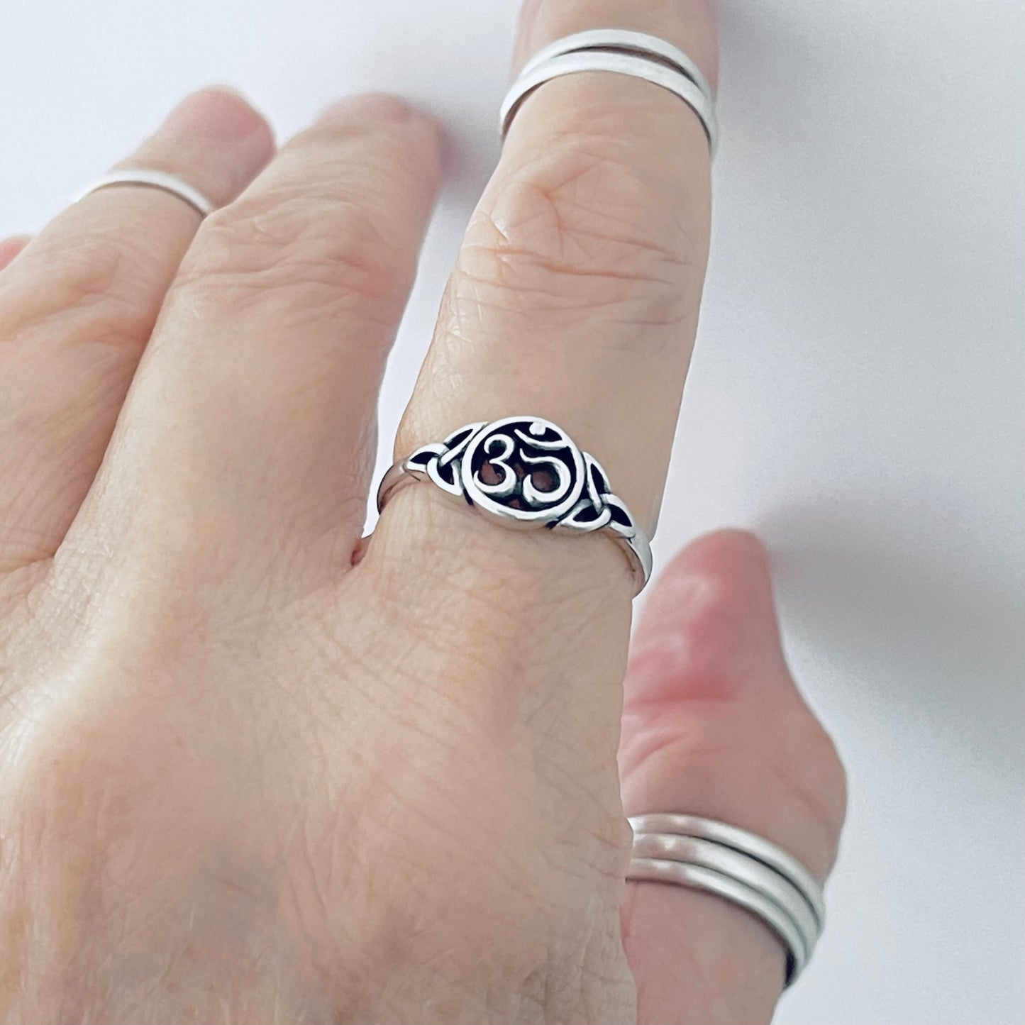 925 Sterling Silver Small OM Ring with Triquetra | Yoga & Celtic Jewelry