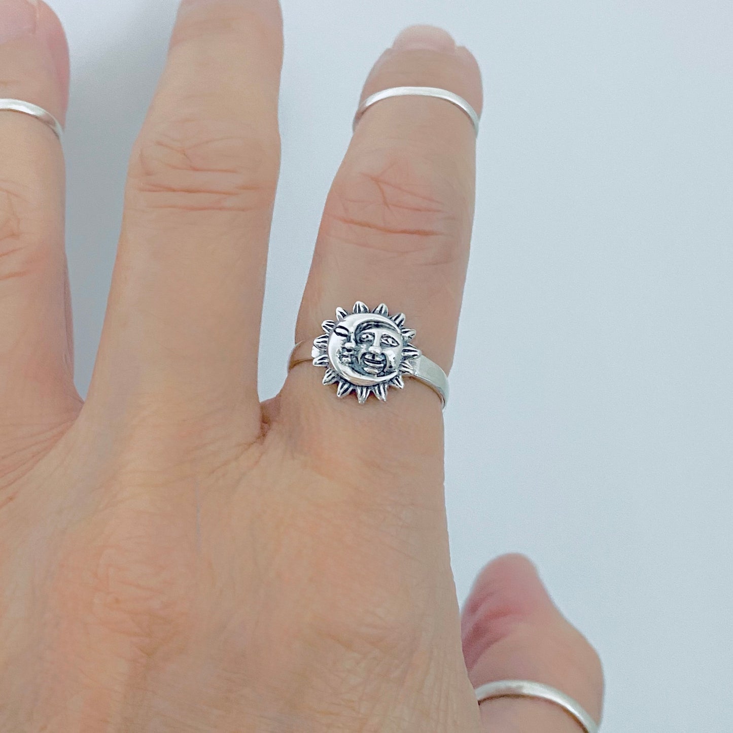925 Sterling Silver Moon and Sun Face Ring | Celestial Sunshine Silver Rings