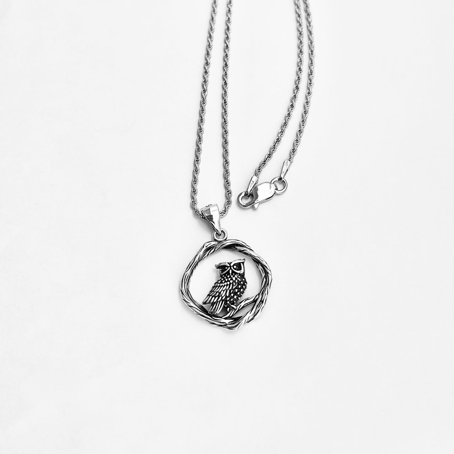 Sterling Silver Owl on Branch Necklace, Silver Necklaces, Spirit Bird Chain, Animal