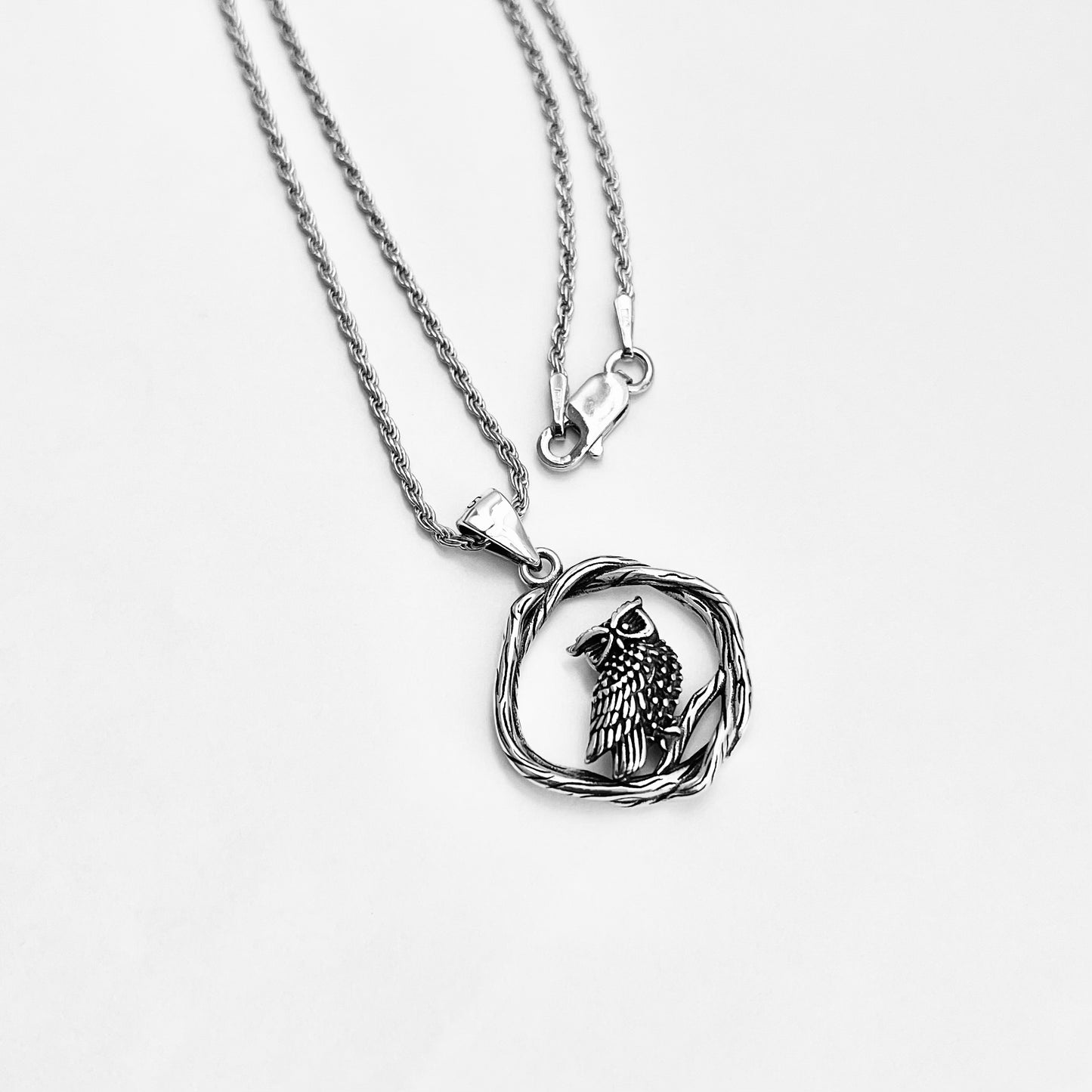 Sterling Silver Owl on Branch Necklace, Silver Necklaces, Spirit Bird Chain, Animal