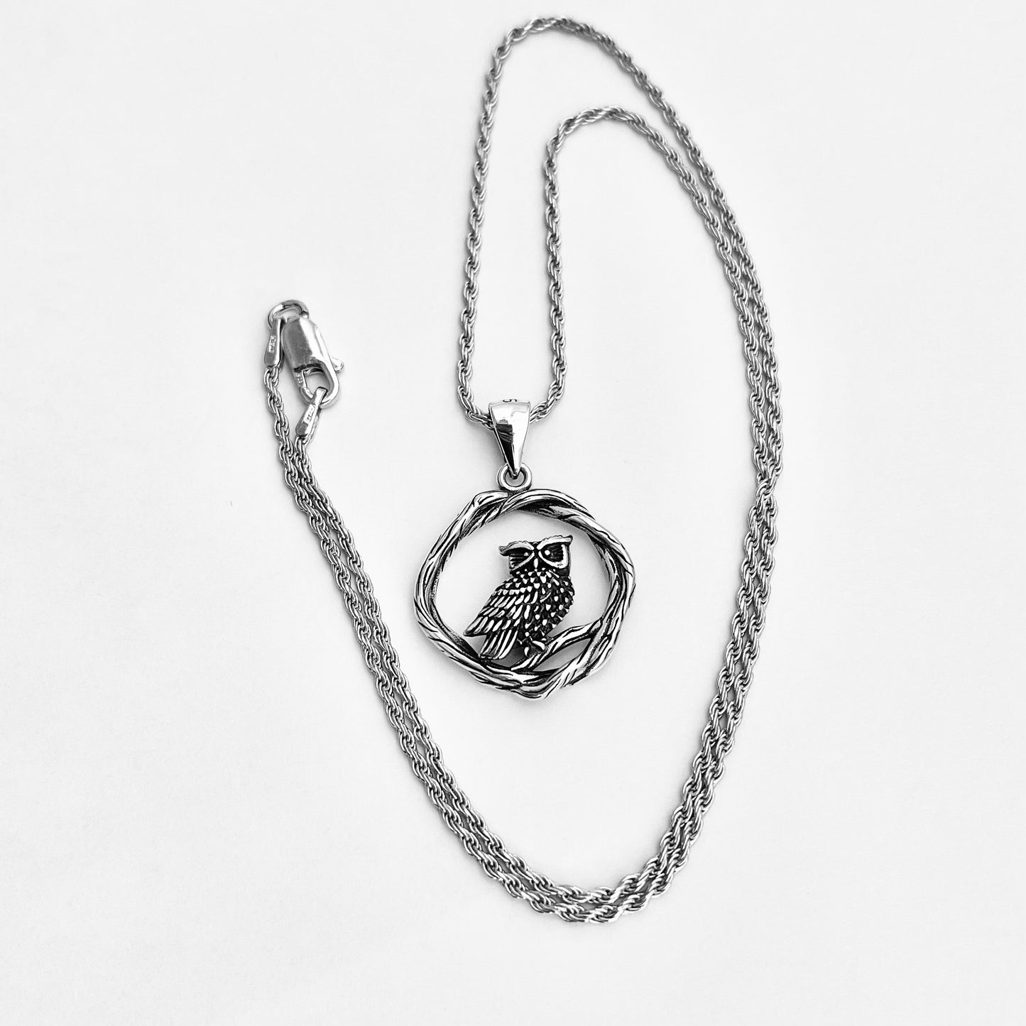 Sterling Silver Owl on Branch Necklace, Silver Necklaces, Spirit Bird Chain, Animal