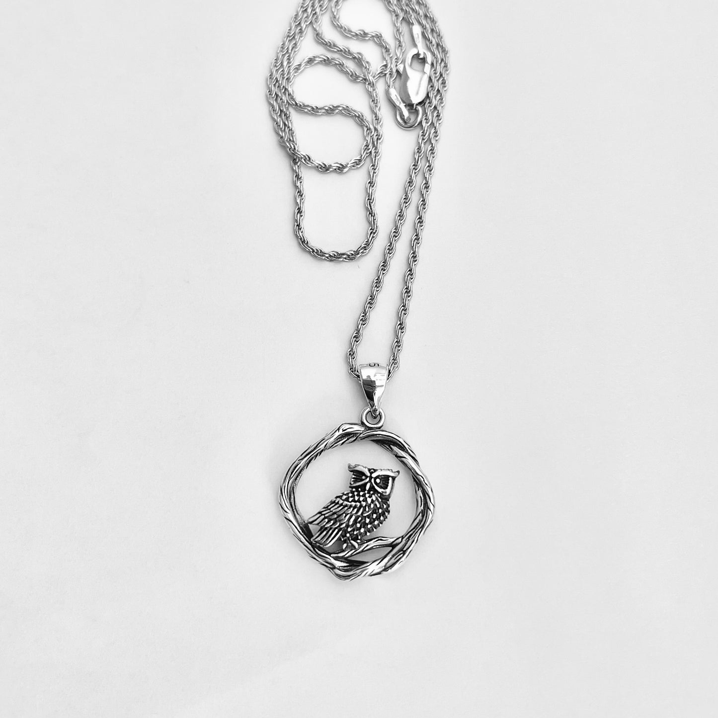 Sterling Silver Owl on Branch Necklace, Silver Necklaces, Spirit Bird Chain, Animal