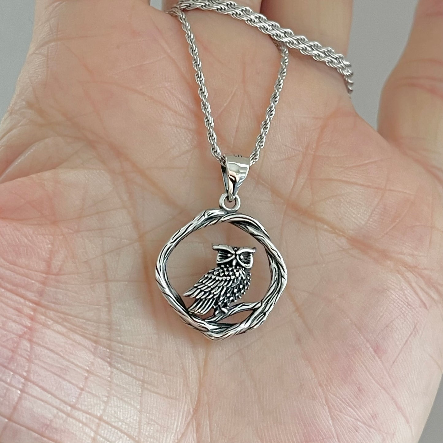 Sterling Silver Owl on Branch Necklace, Silver Necklaces, Spirit Bird Chain, Animal