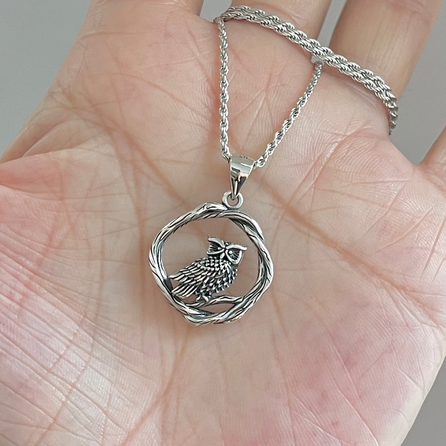 Sterling Silver Owl on Branch Necklace, Silver Necklaces, Spirit Bird Chain, Animal