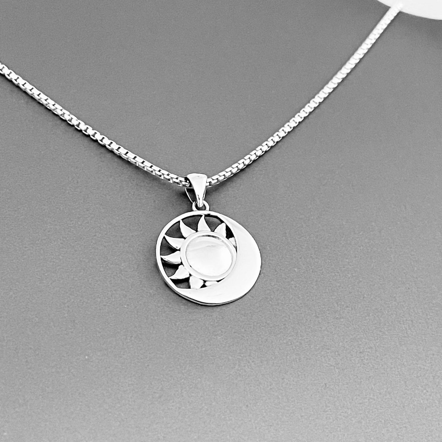Sterling Silver Sun and Moon Necklace, Silver Chain, Celestial Sunshine Jewelry