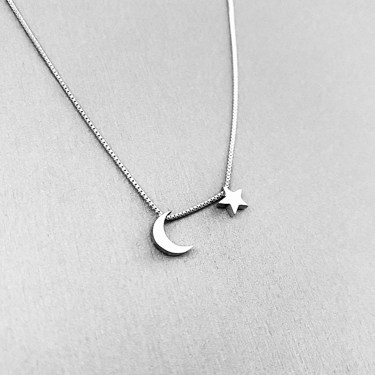 Sterling Silver Little Dainty Crescent Moon and Star Necklace, Celestial Pendant Chain
