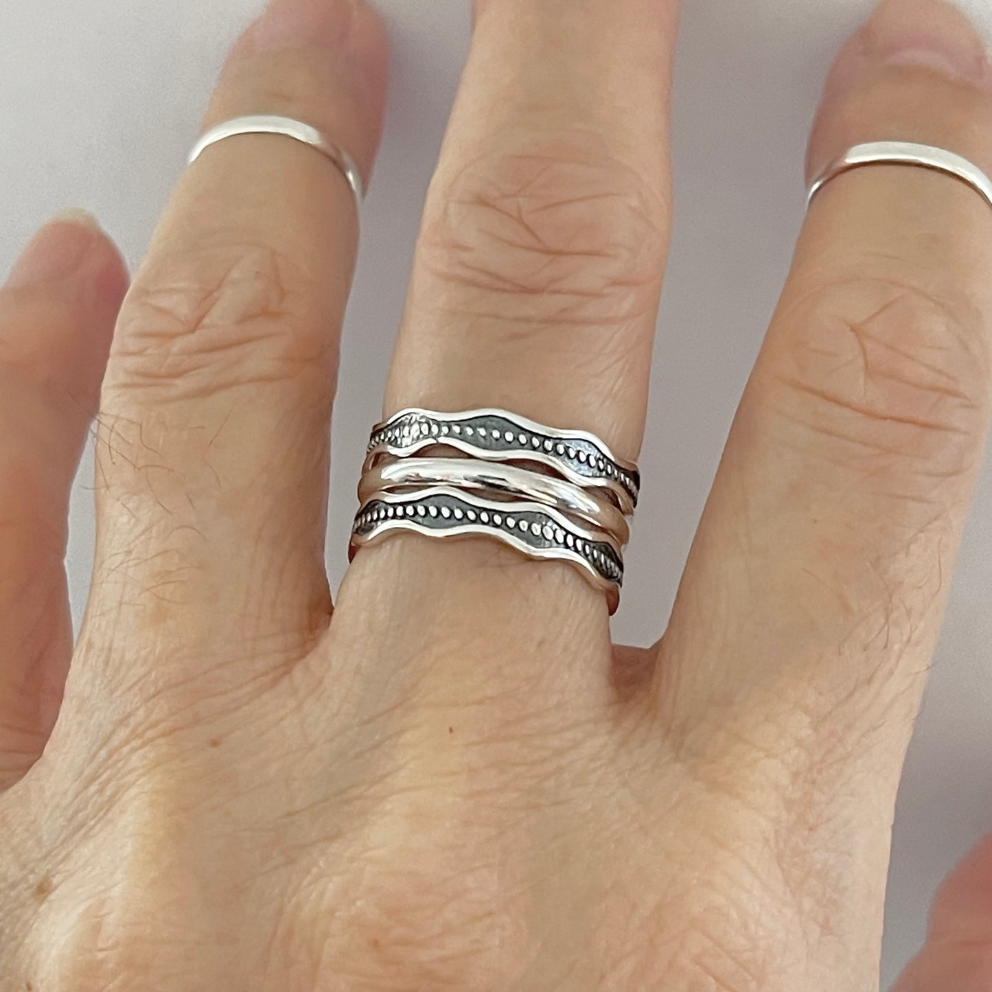 Sterling Silver Eternity Dots and Wave Band Ring, Ocean Waves Rings, Stackable Bands