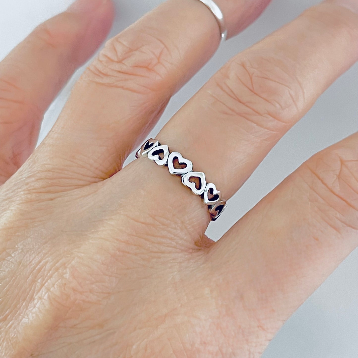 Sterling Silver Small Eternity Heart Band Ring | Stackable Love Hearts Wedding Bands