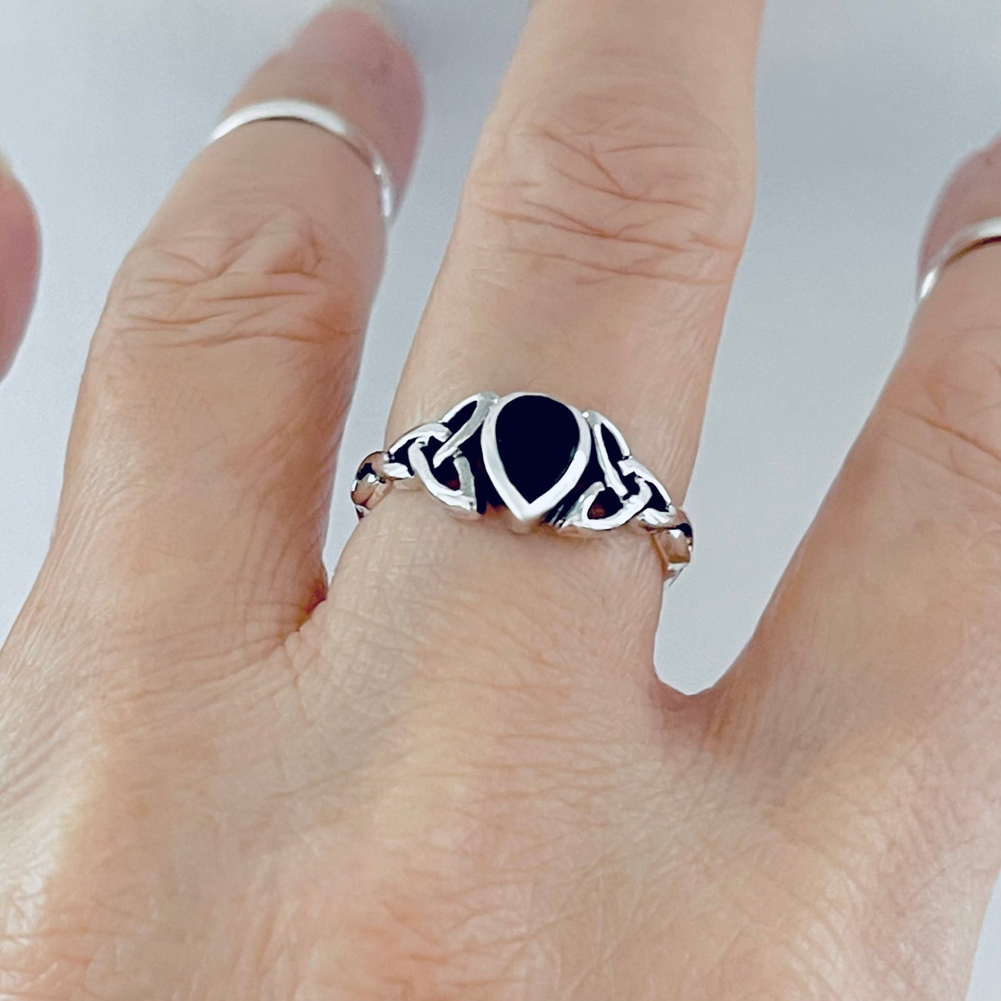 925 Sterling Silver Teardrop Black Onyx Ring | Celtic & Healing Silver Ring