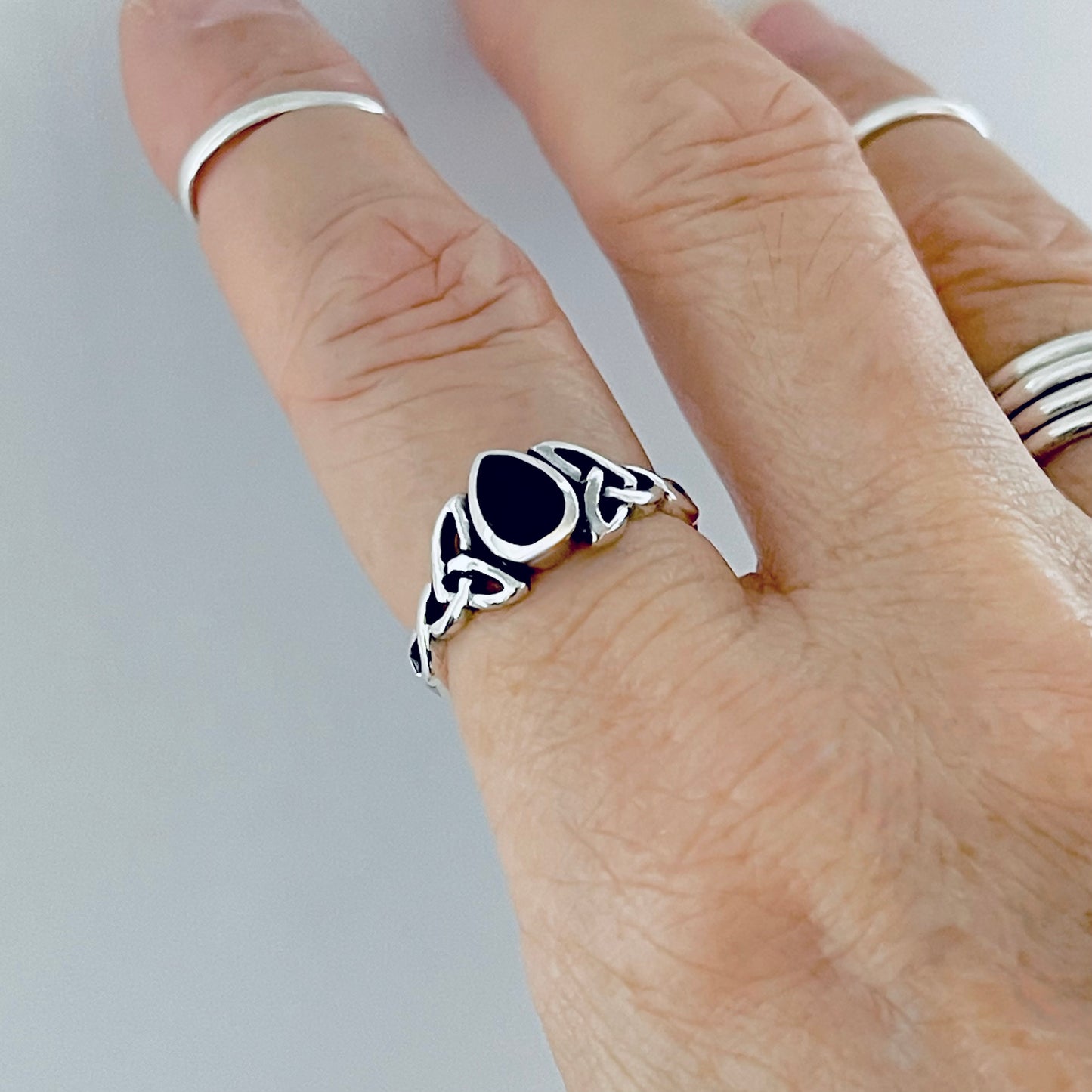 925 Sterling Silver Teardrop Black Onyx Ring | Celtic & Healing Silver Ring