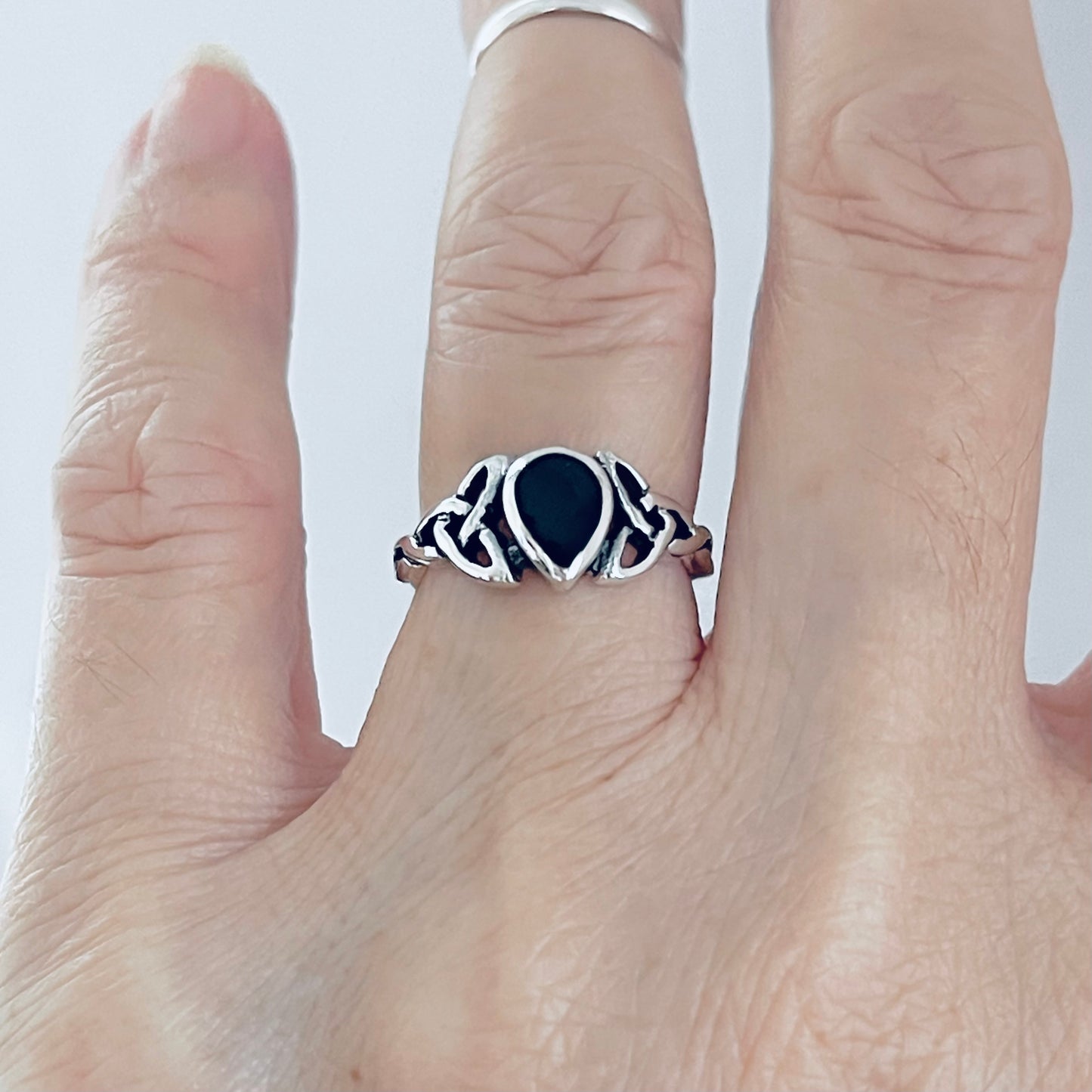 925 Sterling Silver Teardrop Black Onyx Ring | Celtic & Healing Silver Ring