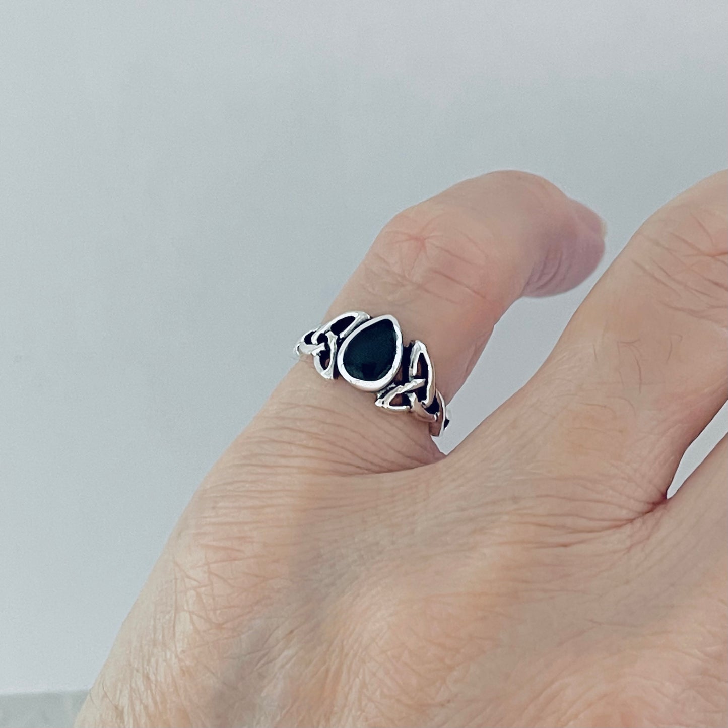925 Sterling Silver Teardrop Black Onyx Ring | Celtic & Healing Silver Ring
