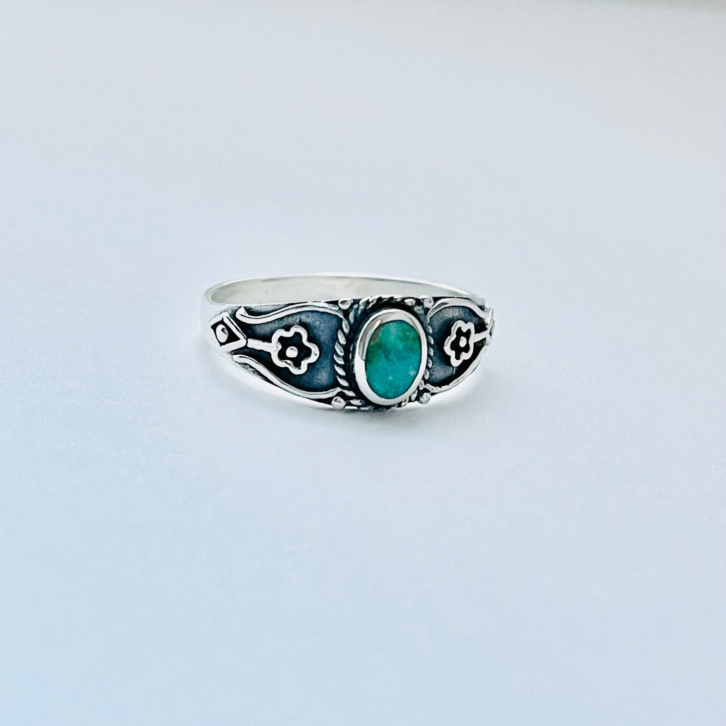 Sterling Silver Dainty Genuine Turquoise Ring with Flowers – Floral Boho Stone Silver Rings