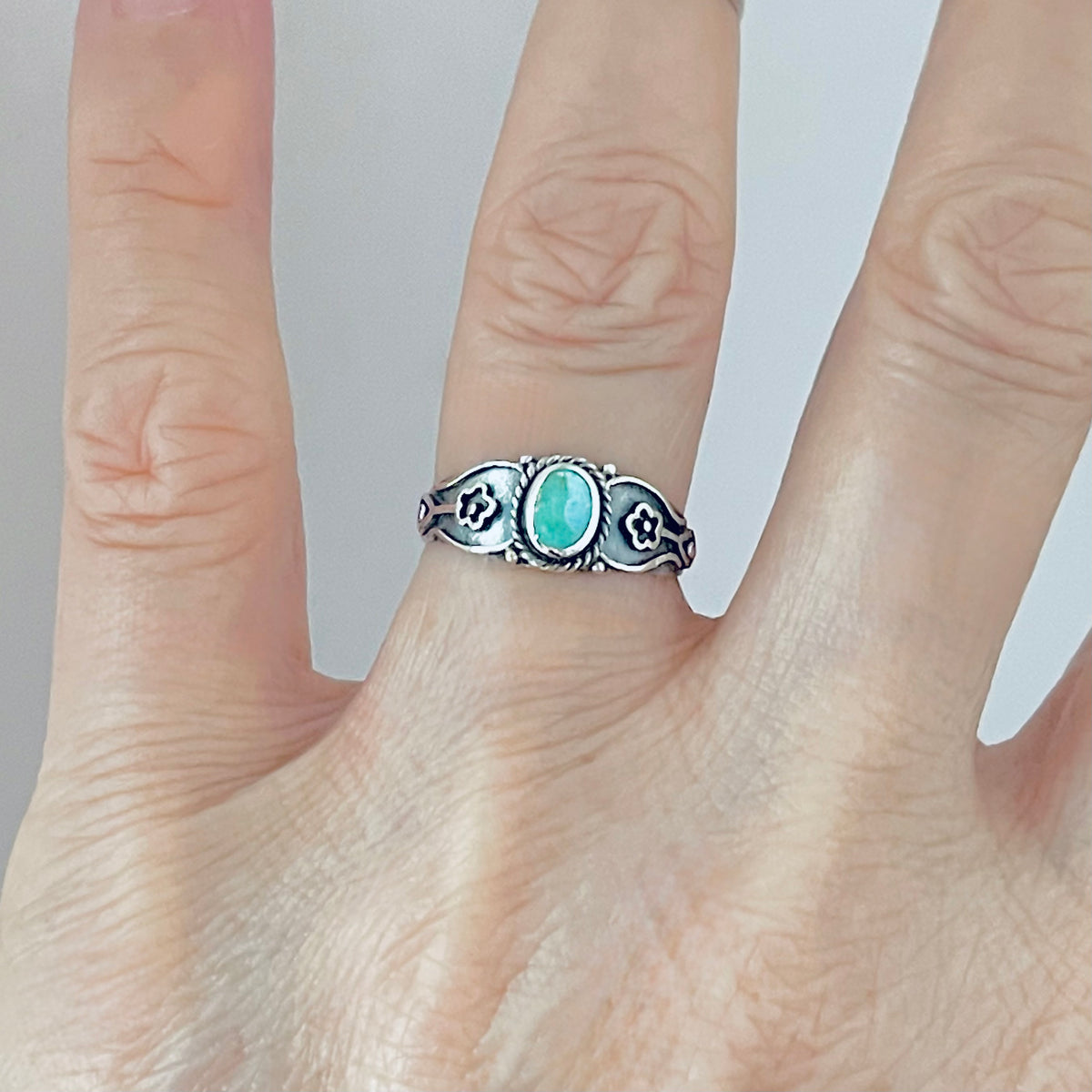 Sterling Silver Dainty Genuine Turquoise Ring with Flowers – Floral Boho Stone Silver Rings