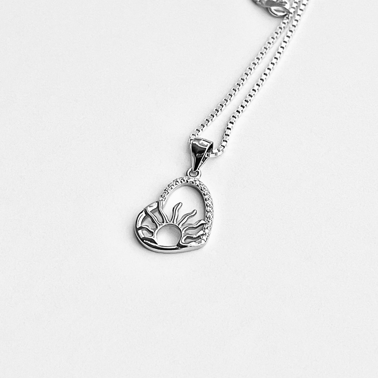 Sterling Silver CZ Heart Sunrise Necklace | Celestial Love Pendant