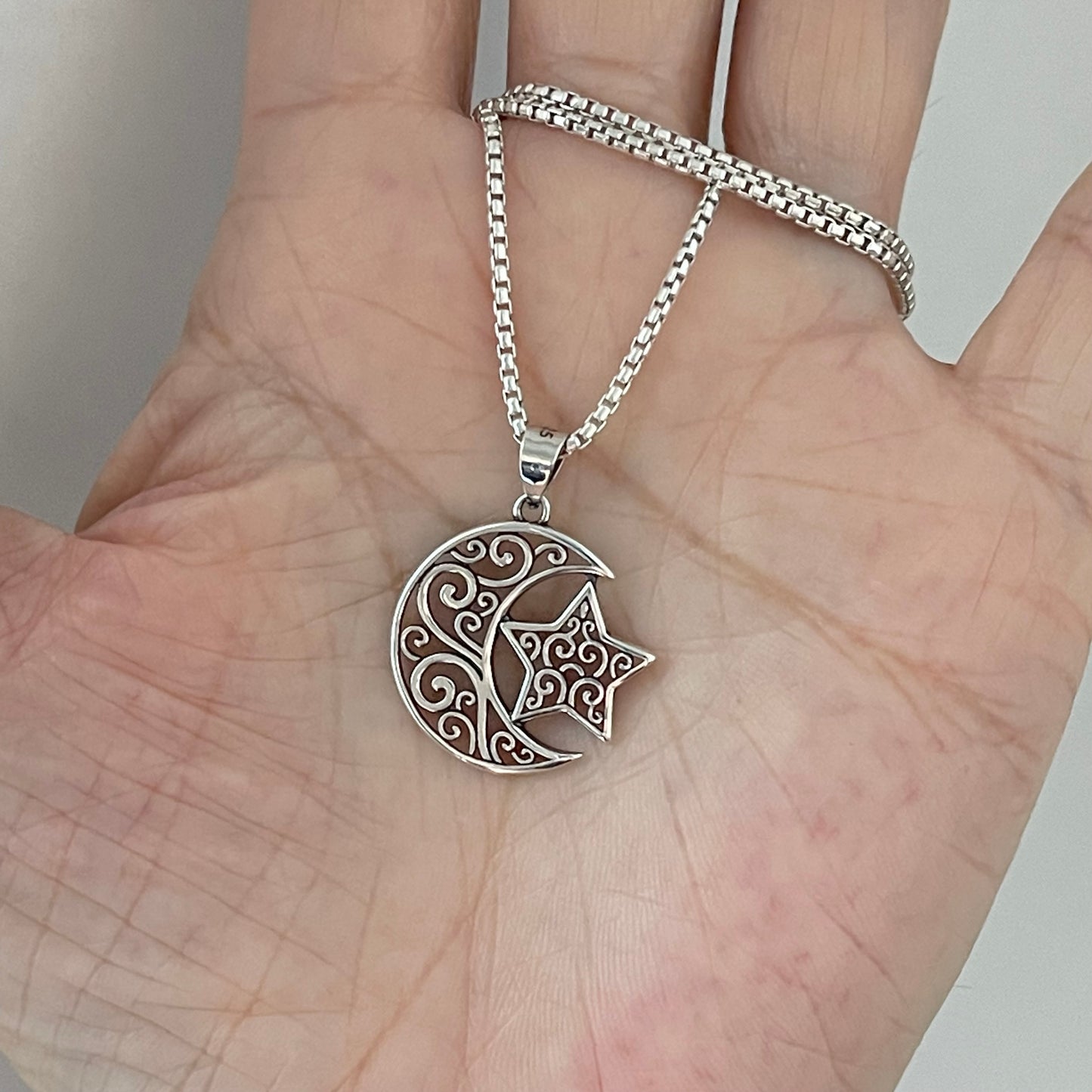 Sterling Silver Statement Filigree Moon and Star Necklace, Silver Chain, Celestial Jewelry