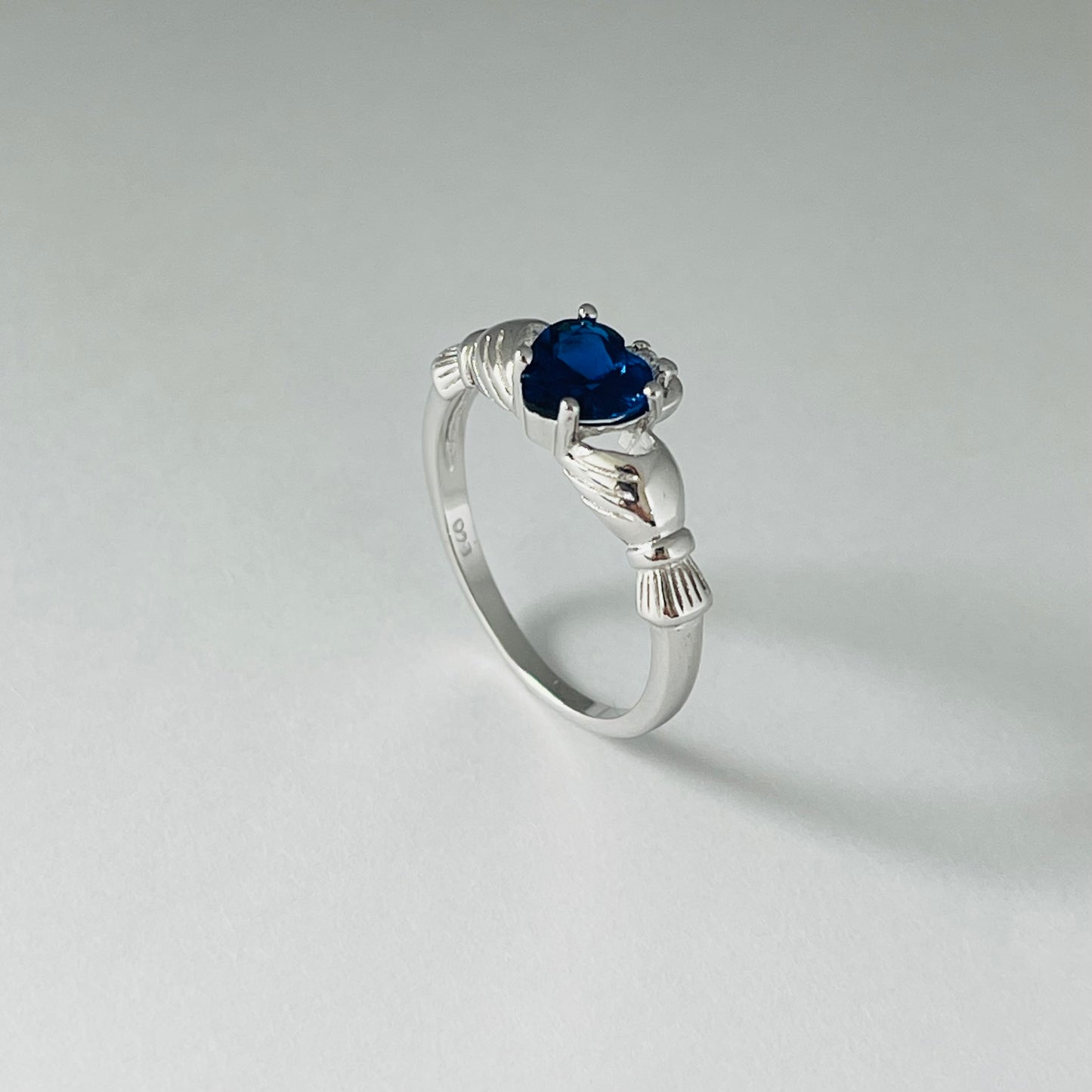 Sterling Silver Sapphire CZ Heart Claddagh Ring, September Birthstone Rings, Irish Crown Hearts