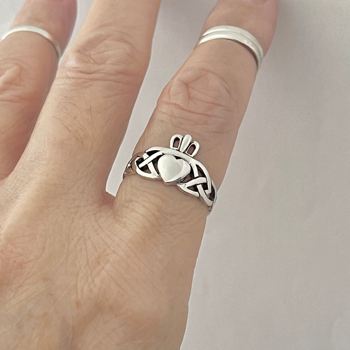 Sterling Silver Irish Claddagh Heart Ring with Celtic, Silver Rings, Crown Hearts