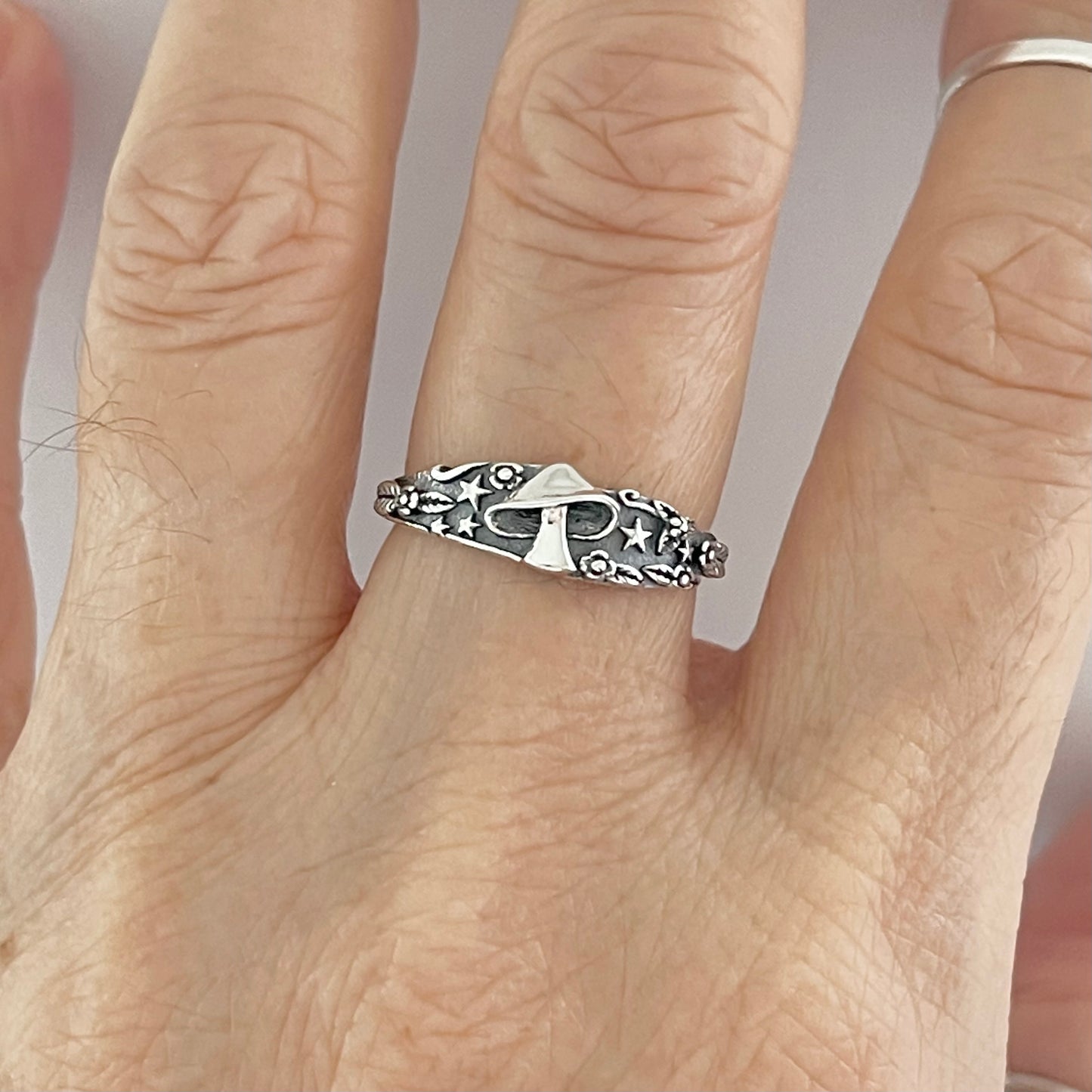 Sterling Silver Mushroom Ring with Tiny Stars and Flower, Silver Rings, Fungus Ring