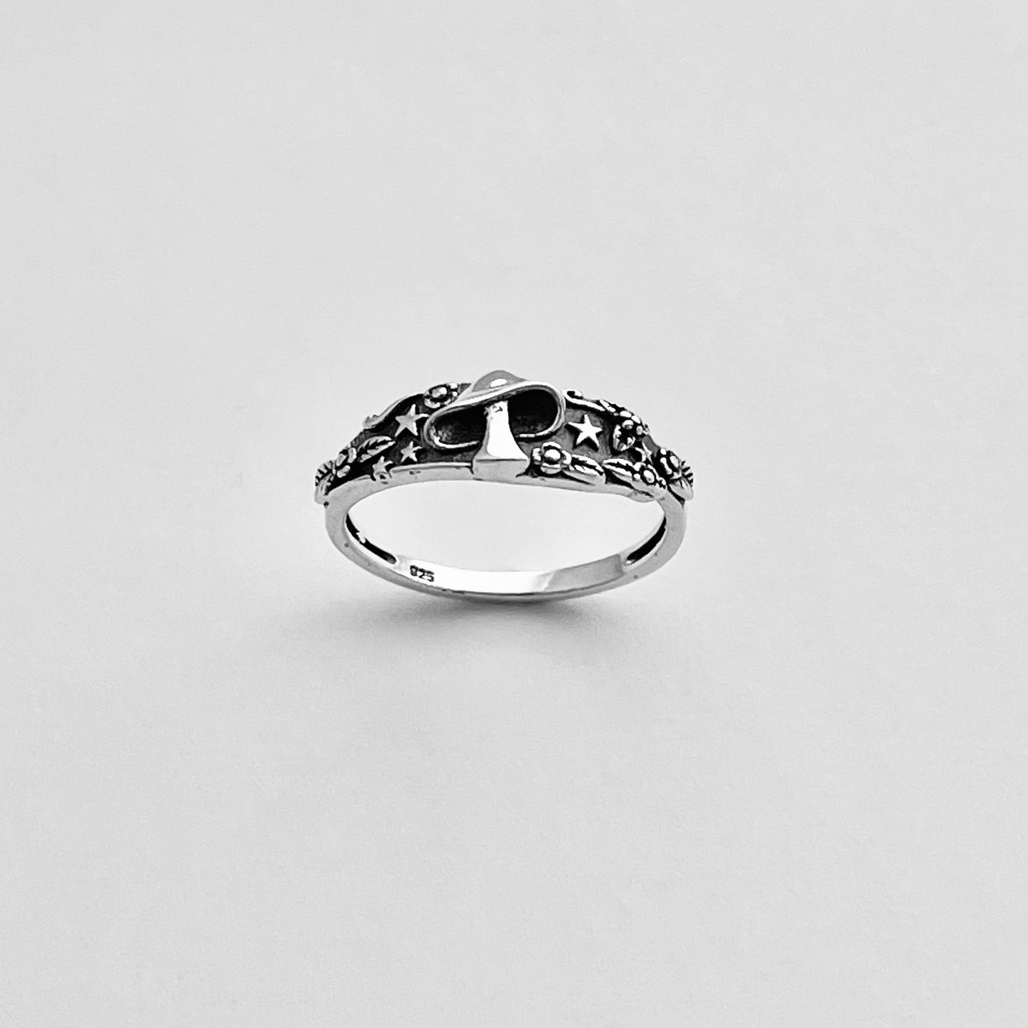 Sterling Silver Mushroom Ring with Tiny Stars and Flower, Silver Rings, Fungus Ring