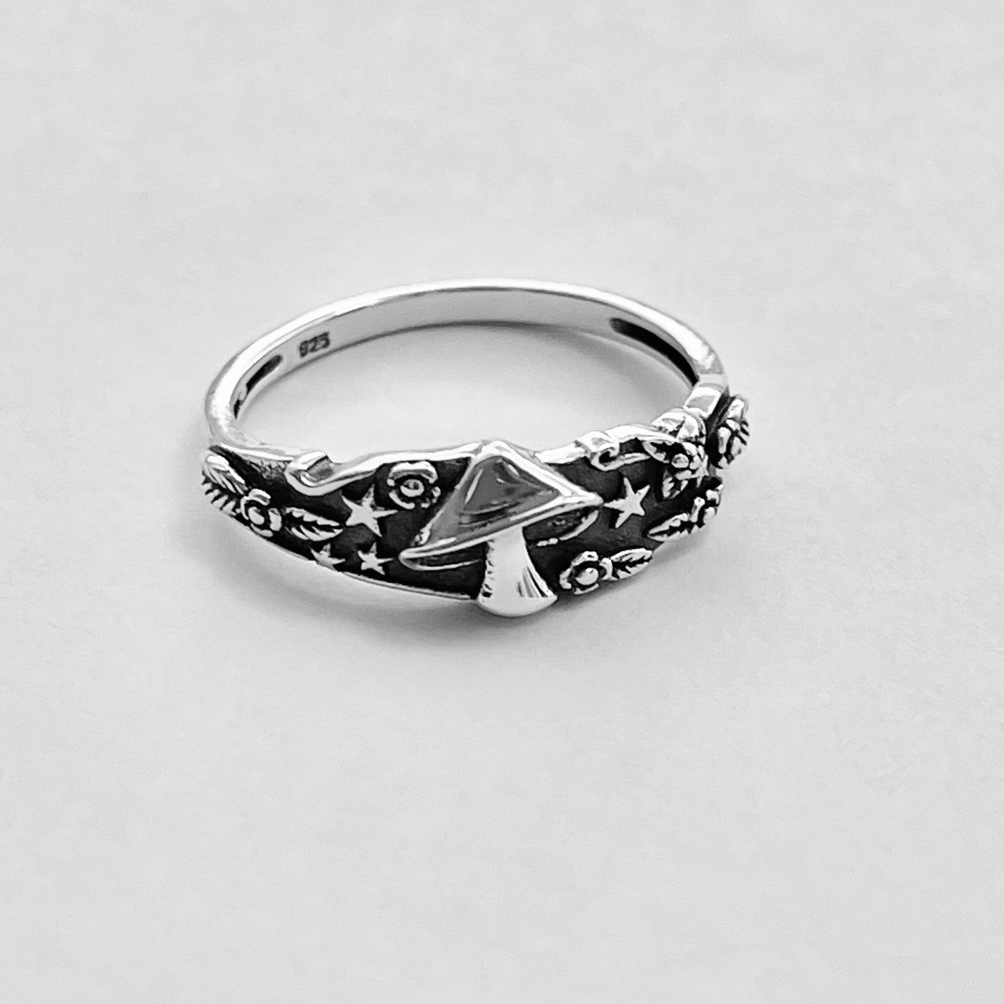 Sterling Silver Mushroom Ring with Tiny Stars and Flower, Silver Rings, Fungus Ring