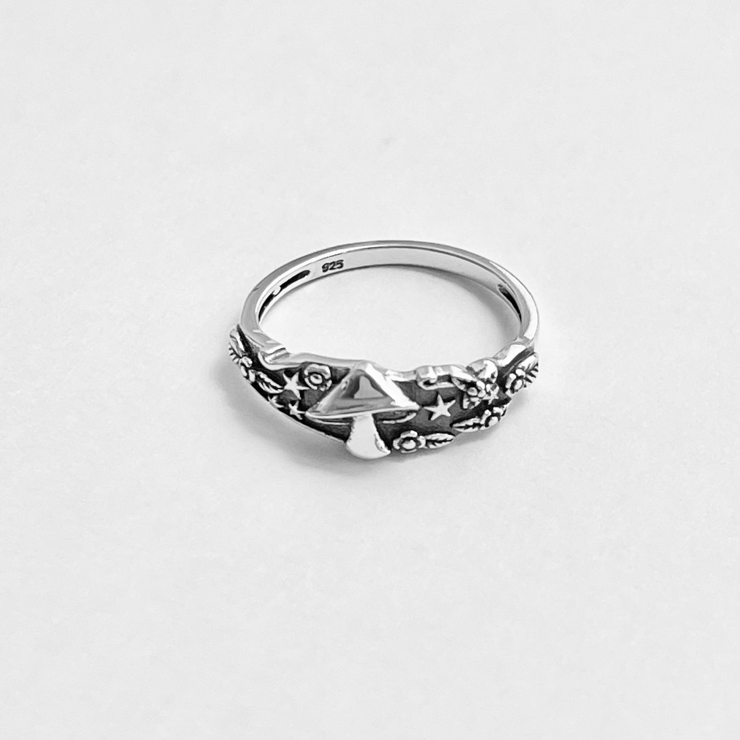 Sterling Silver Mushroom Ring with Tiny Stars and Flower, Silver Rings, Fungus Ring