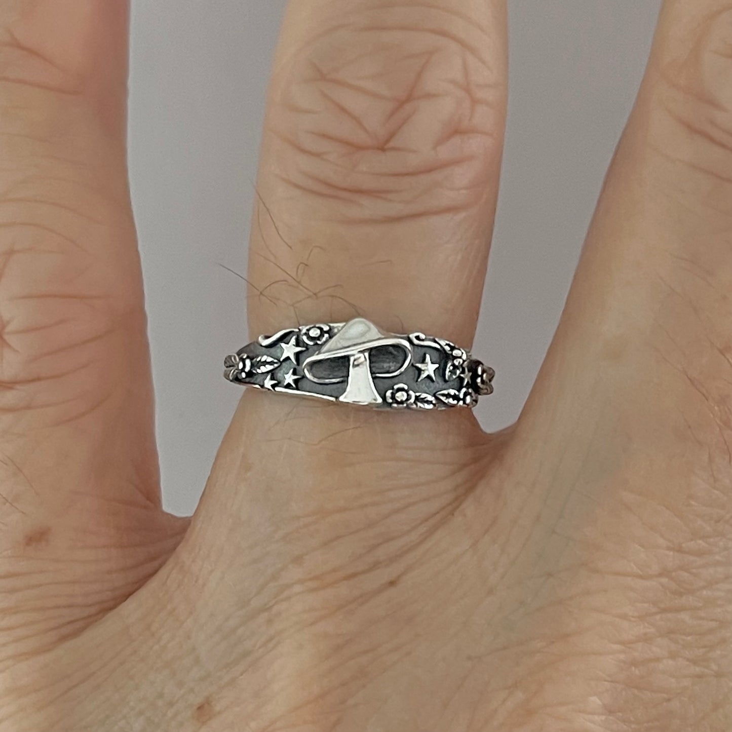 Sterling Silver Mushroom Ring with Tiny Stars and Flower, Silver Rings, Fungus Ring