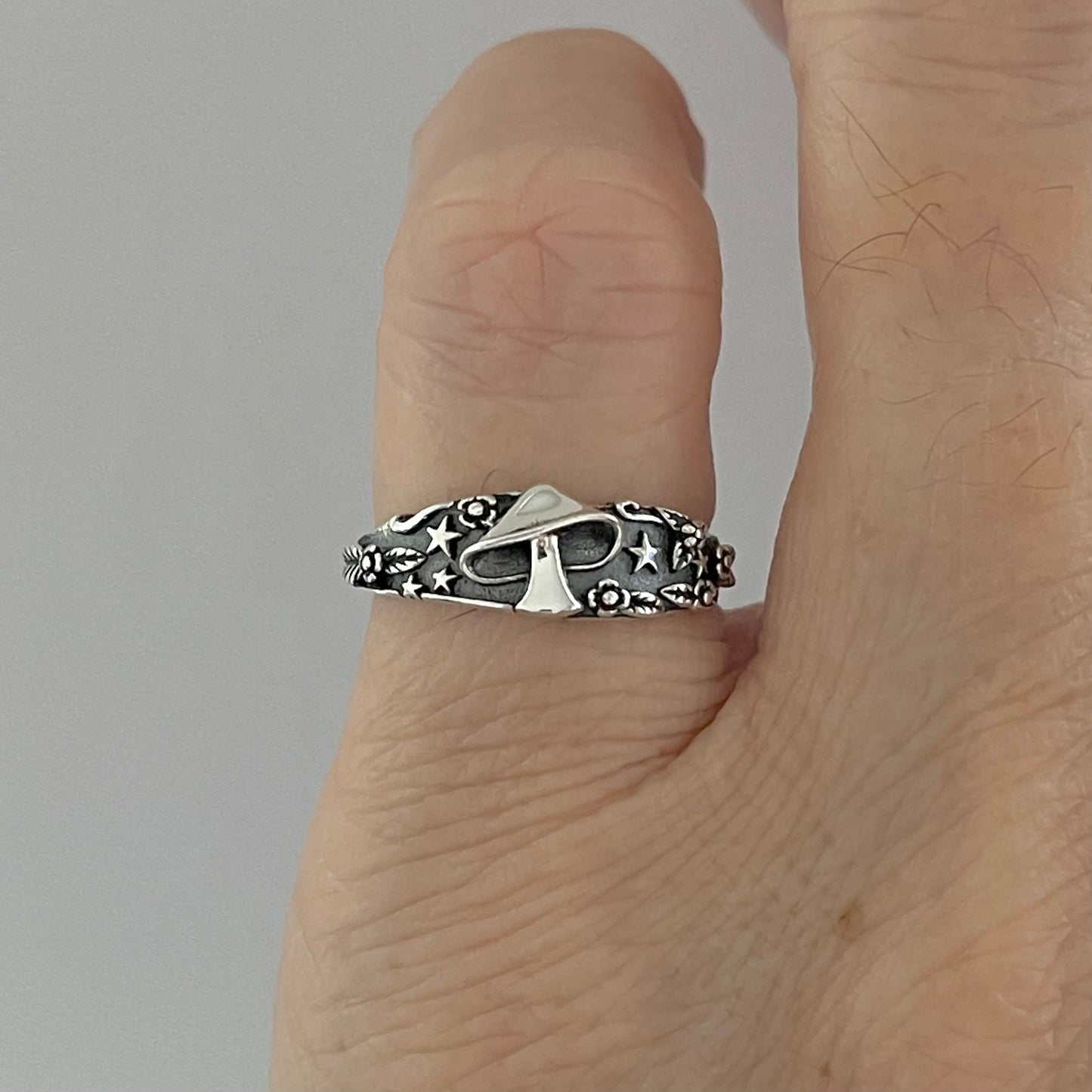 Sterling Silver Mushroom Ring with Tiny Stars and Flower, Silver Rings, Fungus Ring