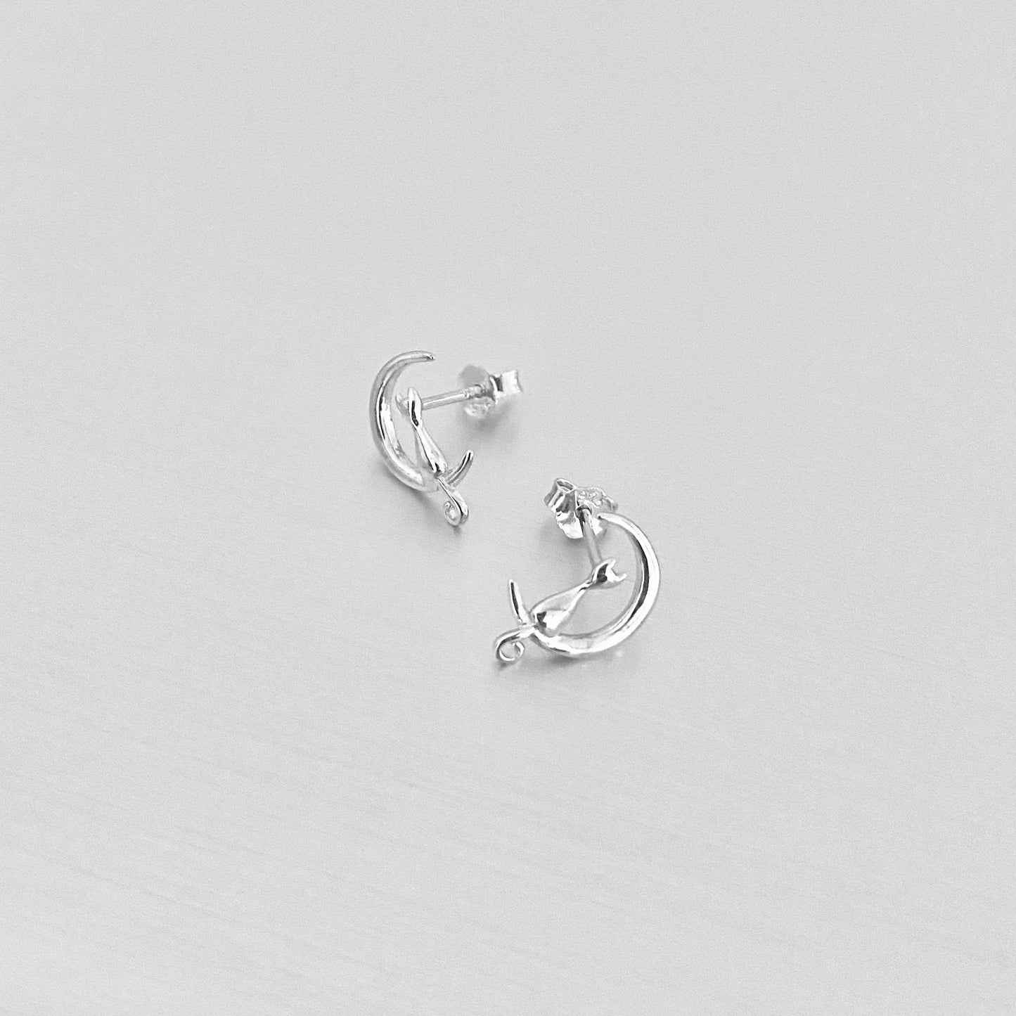 925 Sterling Silver Cat on Crescent Moon Stud Earring | Dainty Celestial Kitty Animal Silver Earrings