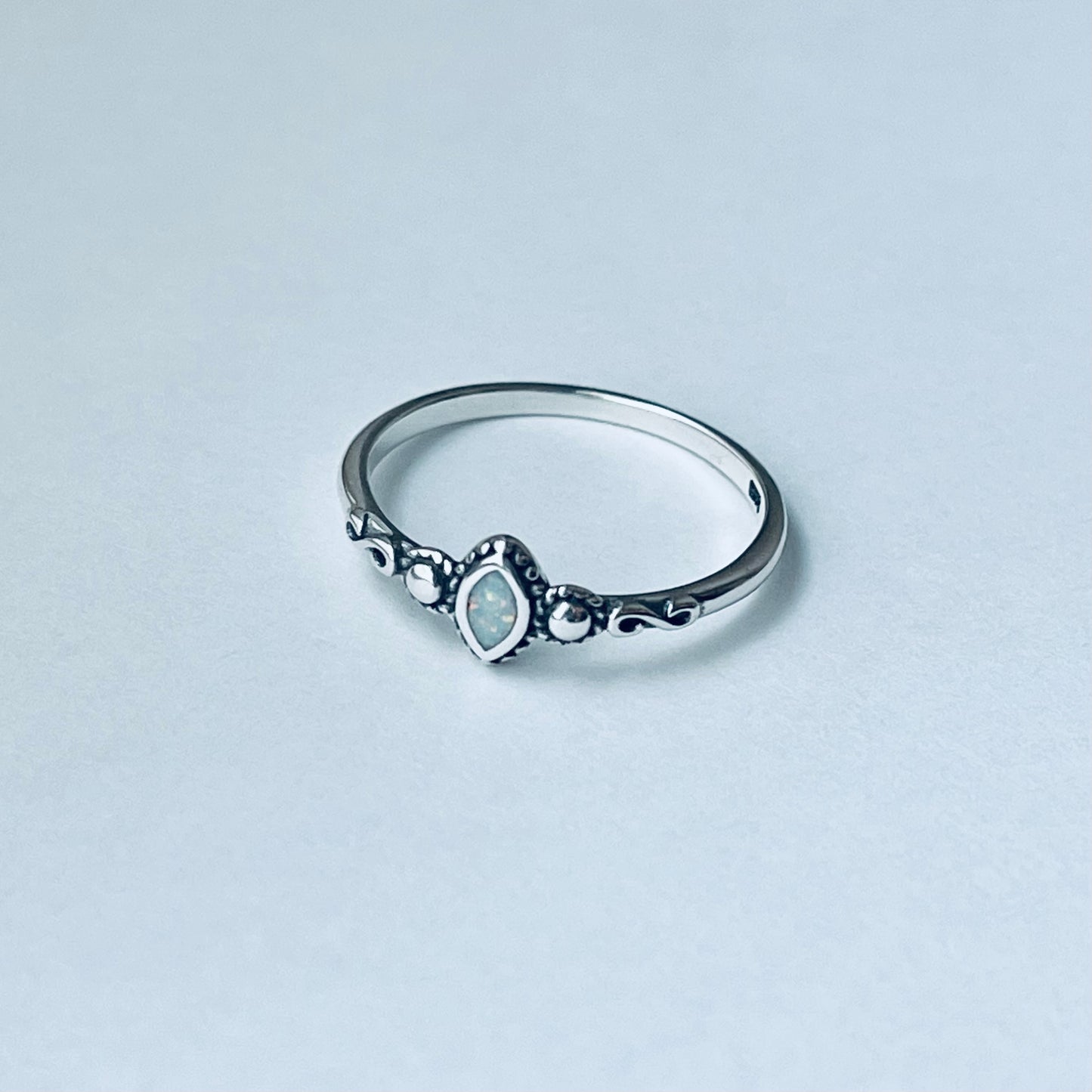 Sterling Silver Tiny Diamond Shape White Lab Opal Ring with Swirly, Silver Rings