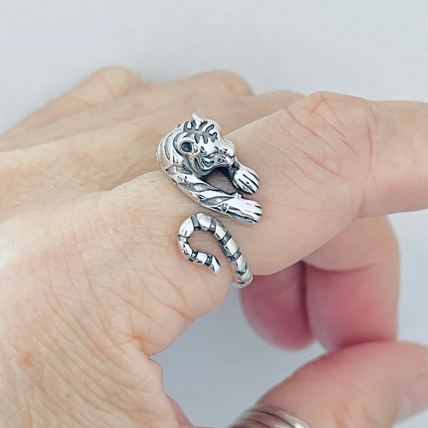 Sterling Silver Delicate Wraparound Tiger Ring, Big Cat, Silver Rings, Animal Ring, Tigers