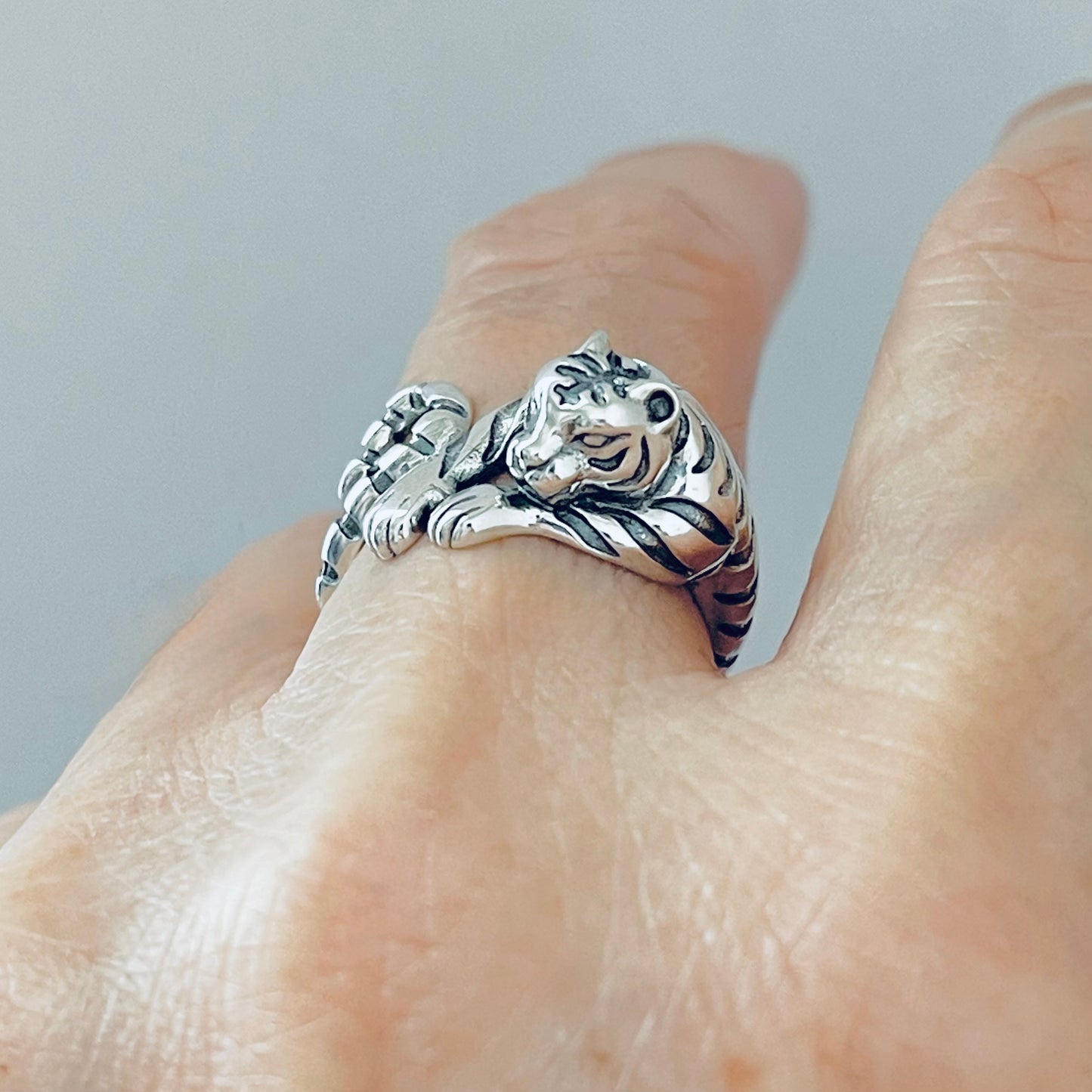Sterling Silver Delicate Wraparound Tiger Ring, Big Cat, Silver Rings, Animal Ring, Tigers